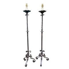Pair of Circa 1900 Wrought Iron Torchiere Floor Lamps