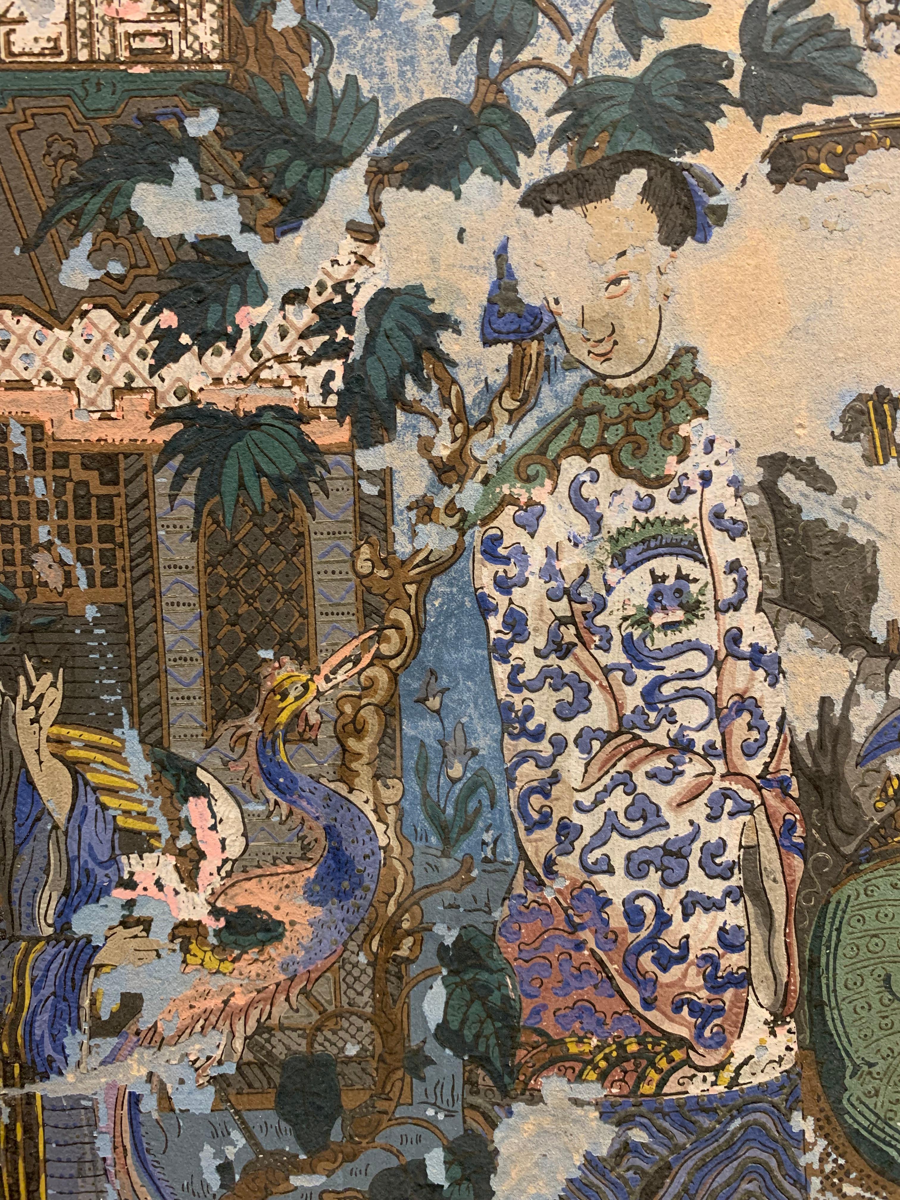 Paire de panneaux de papier peint à décor Chinoiserie français encadrés, circa 1900 en vente 3