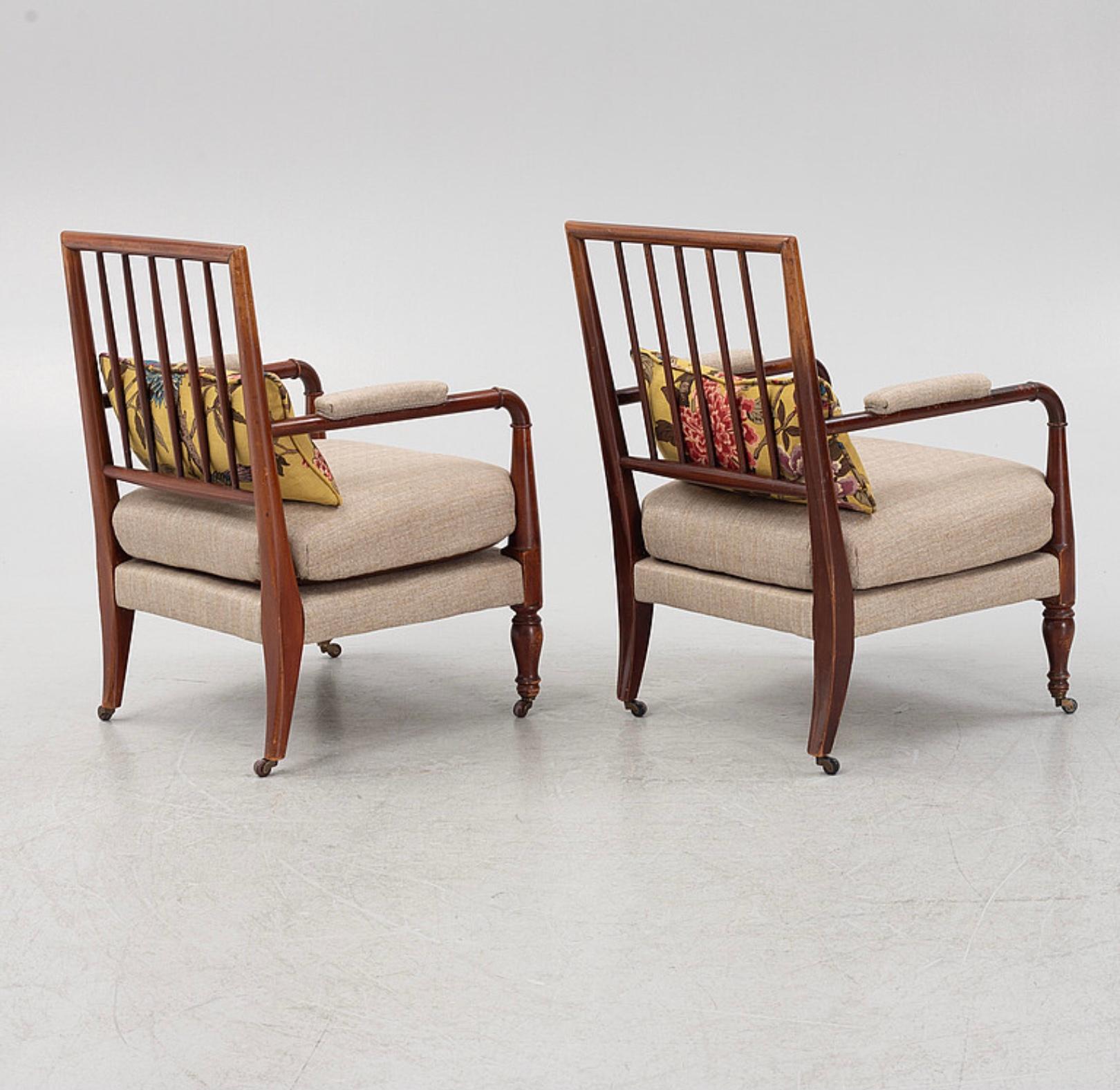 Turned Pair of Circa 1900s Swedish Spindle Back Upholstered Mahogany Armchairs  For Sale