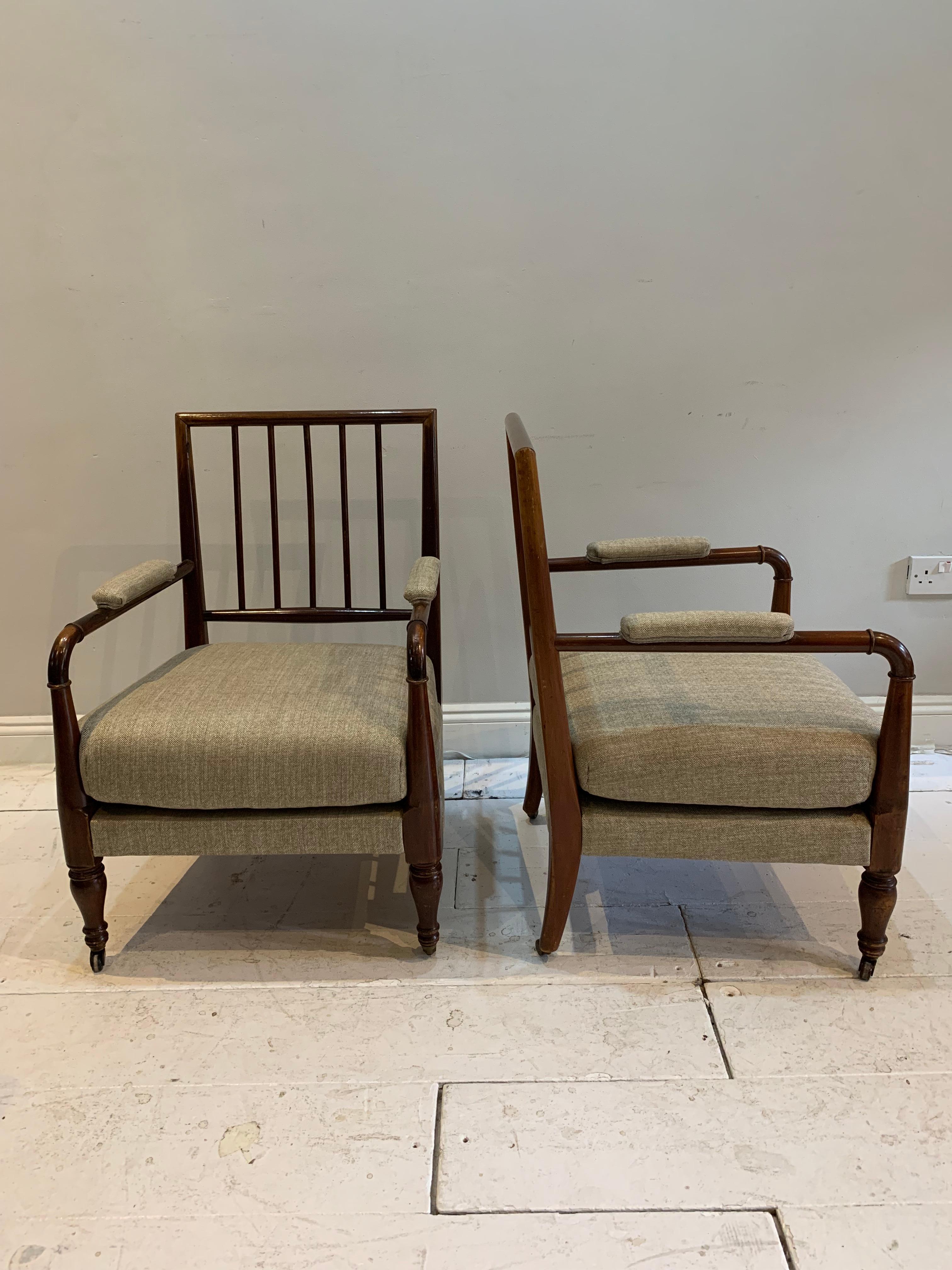 Early 20th Century Pair of Circa 1900s Swedish Spindle Back Upholstered Mahogany Armchairs  For Sale