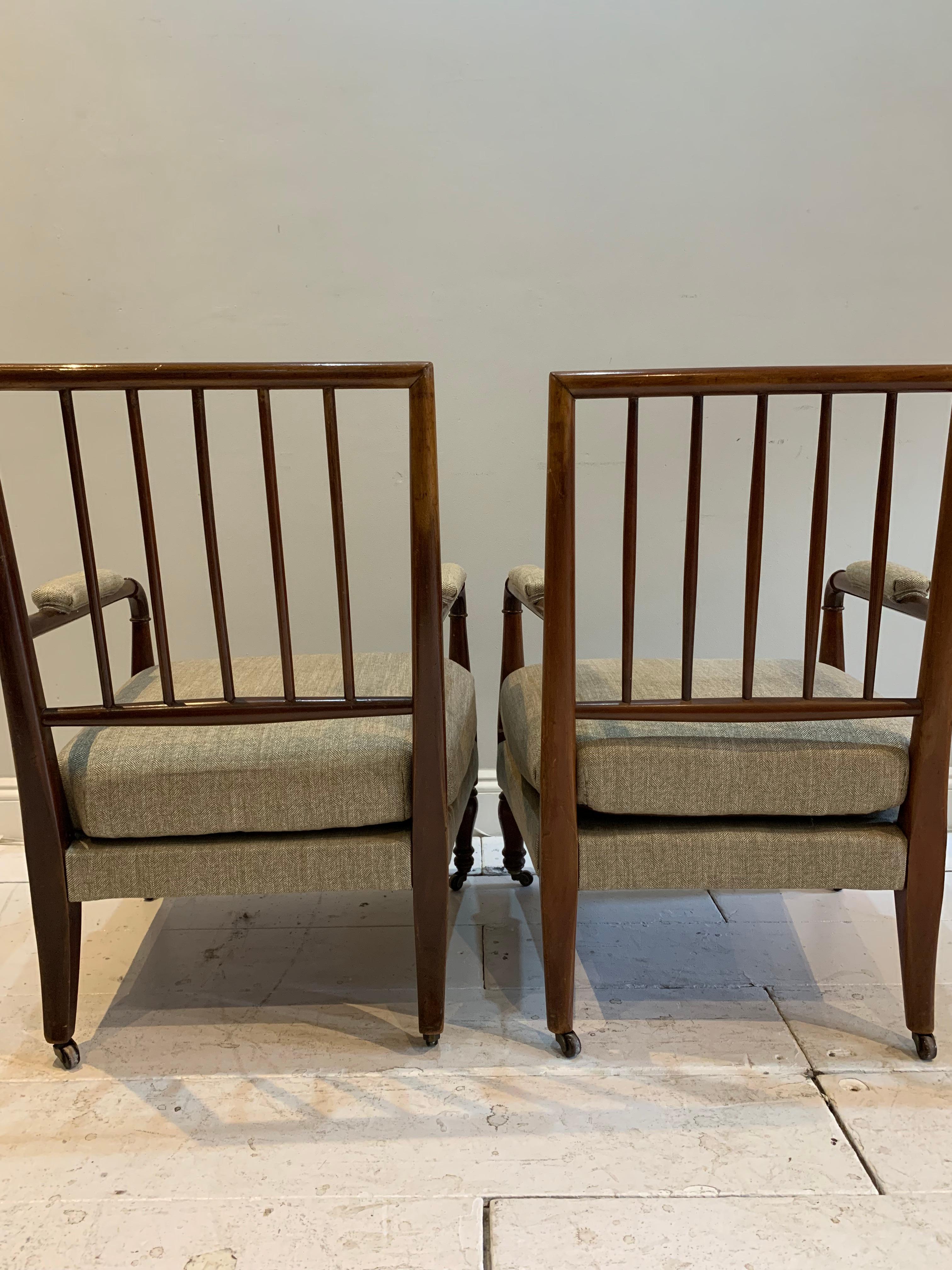 Pair of Circa 1900s Swedish Spindle Back Upholstered Mahogany Armchairs  For Sale 1