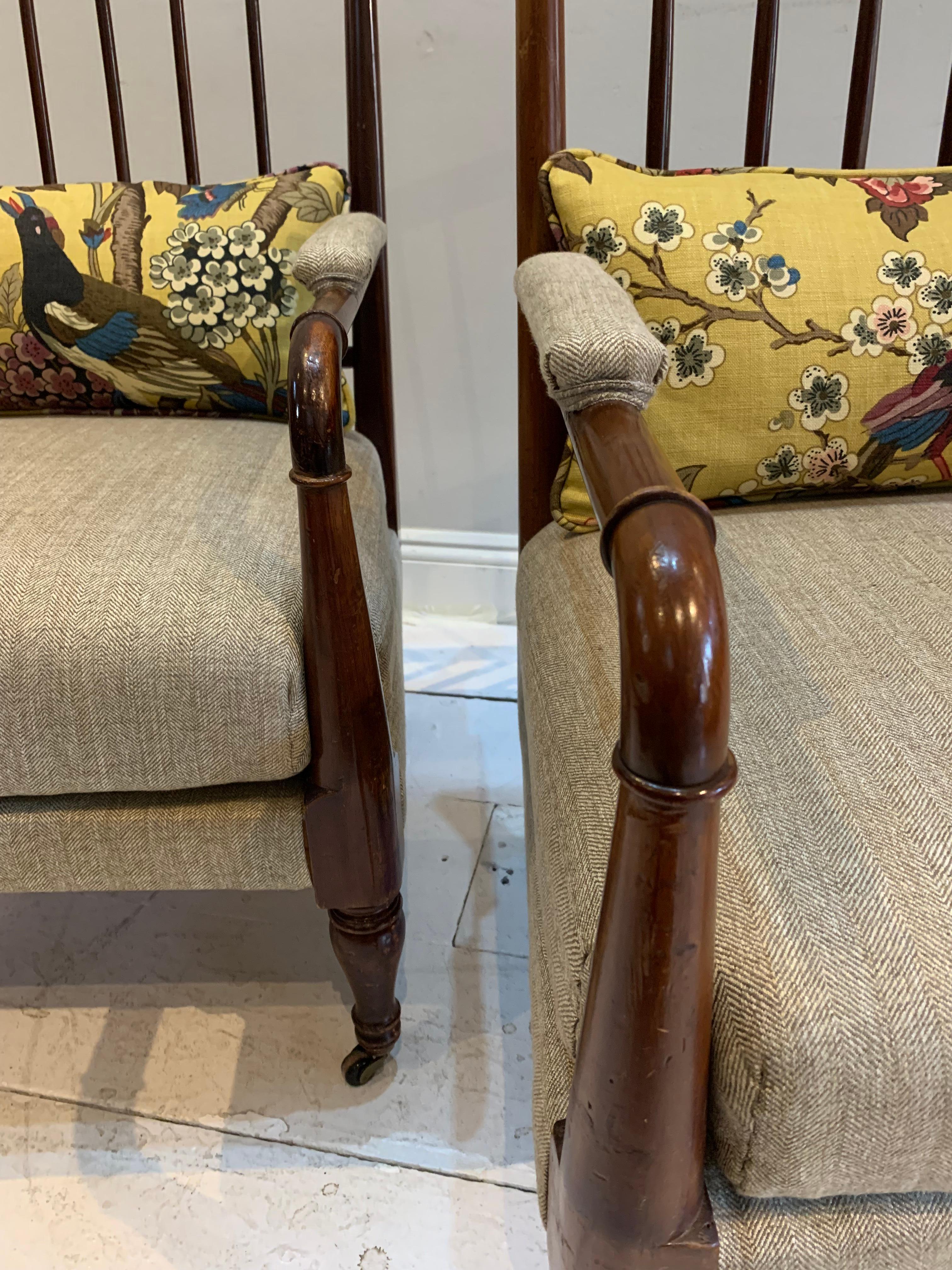 Pair of Circa 1900s Swedish Spindle Back Upholstered Mahogany Armchairs  For Sale 3