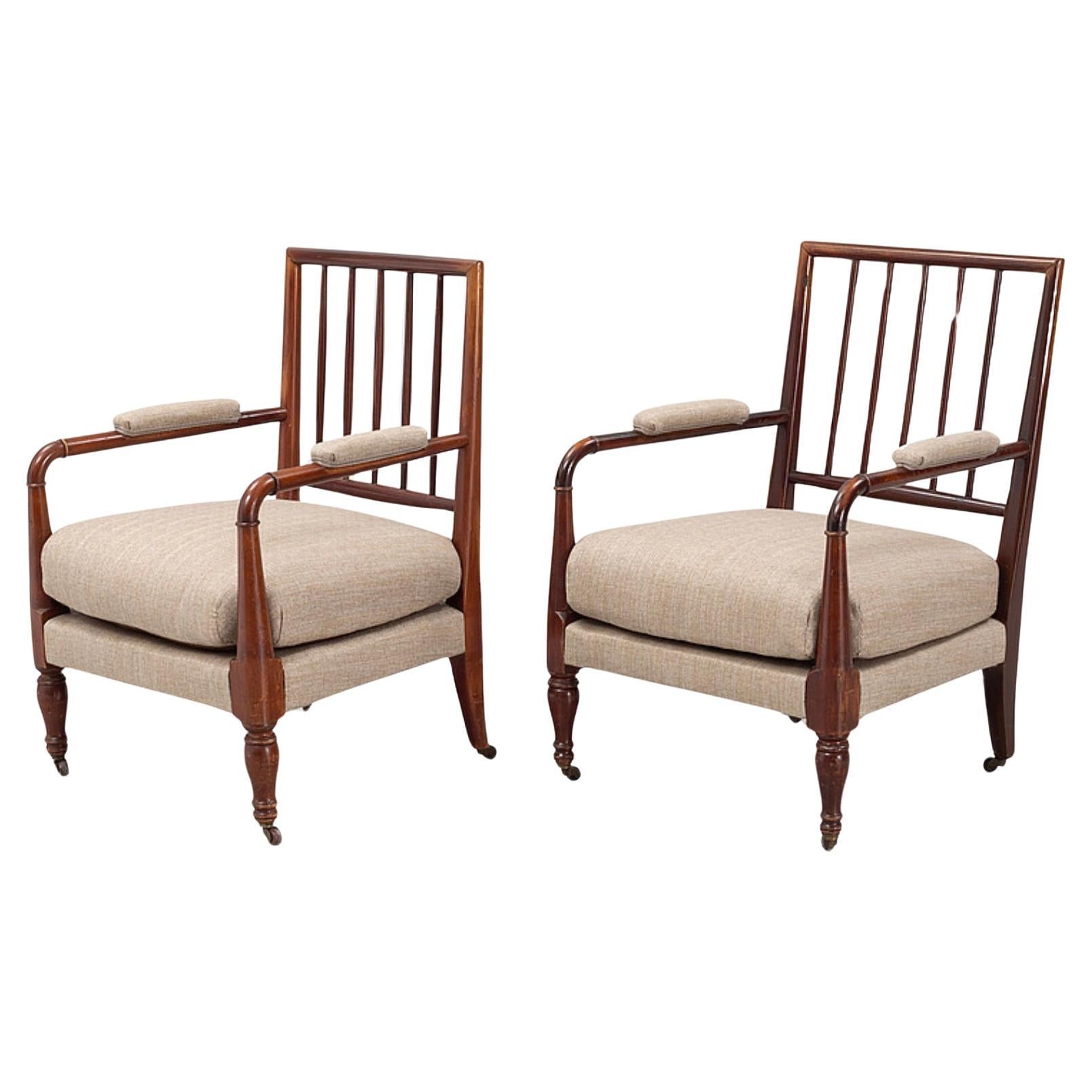 Pair of Circa 1900s Swedish Spindle Back Upholstered Mahogany Armchairs  For Sale