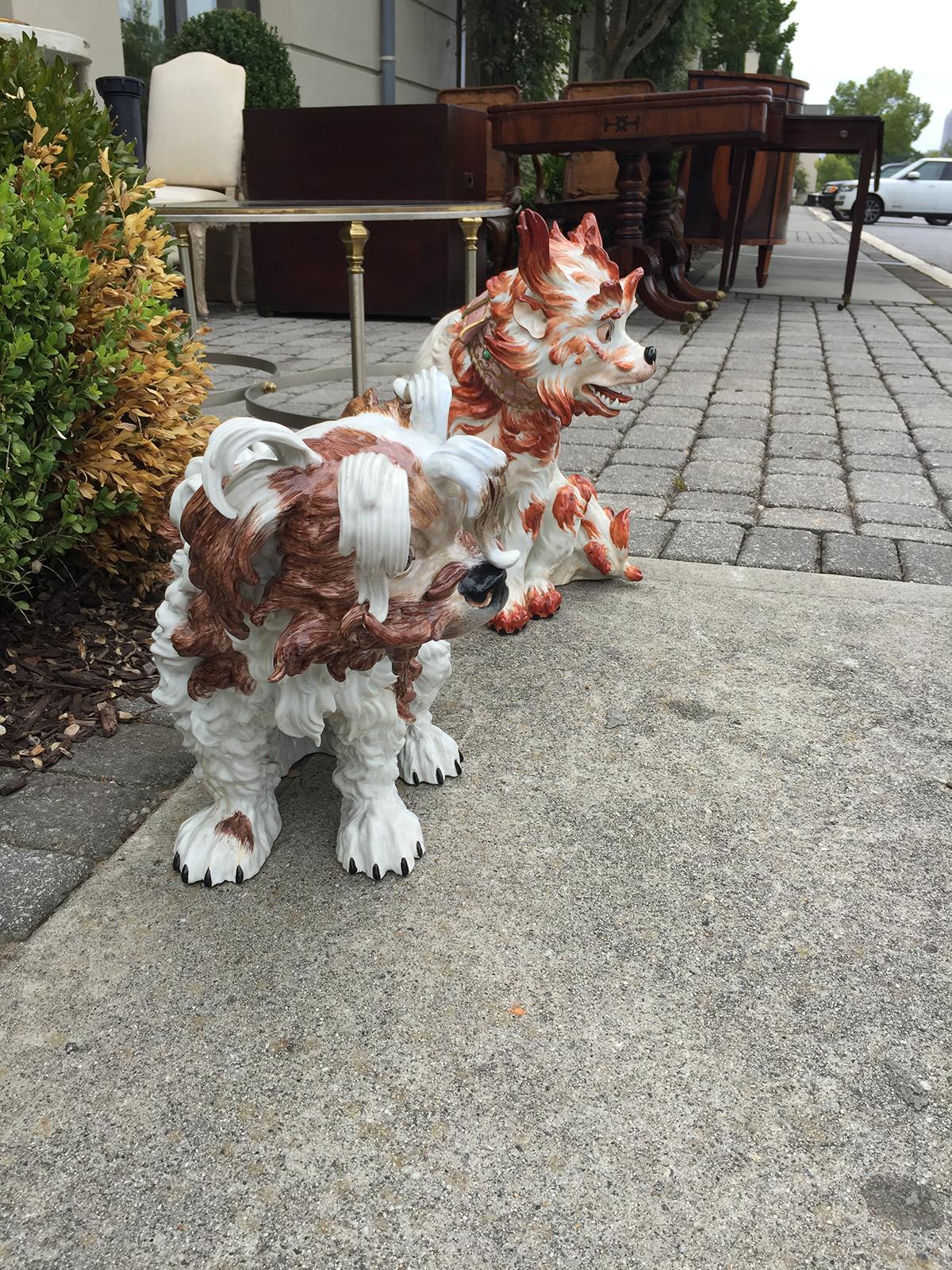 Pair of circa 1902 German Enameled Porcelain Bolognese Hounds by Dresden, Marked For Sale 6