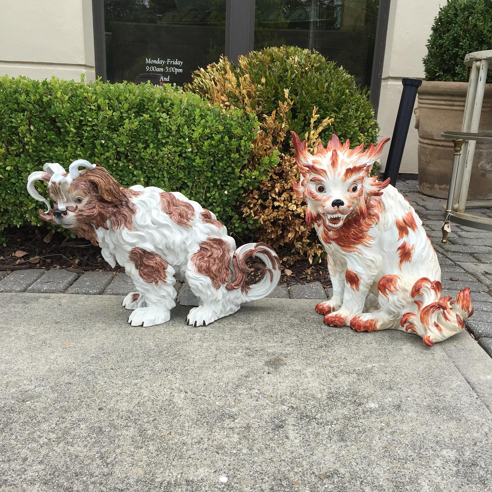 Pair of circa 1902 German Enameled Porcelain Bolognese Hounds by Dresden, Marked For Sale 2