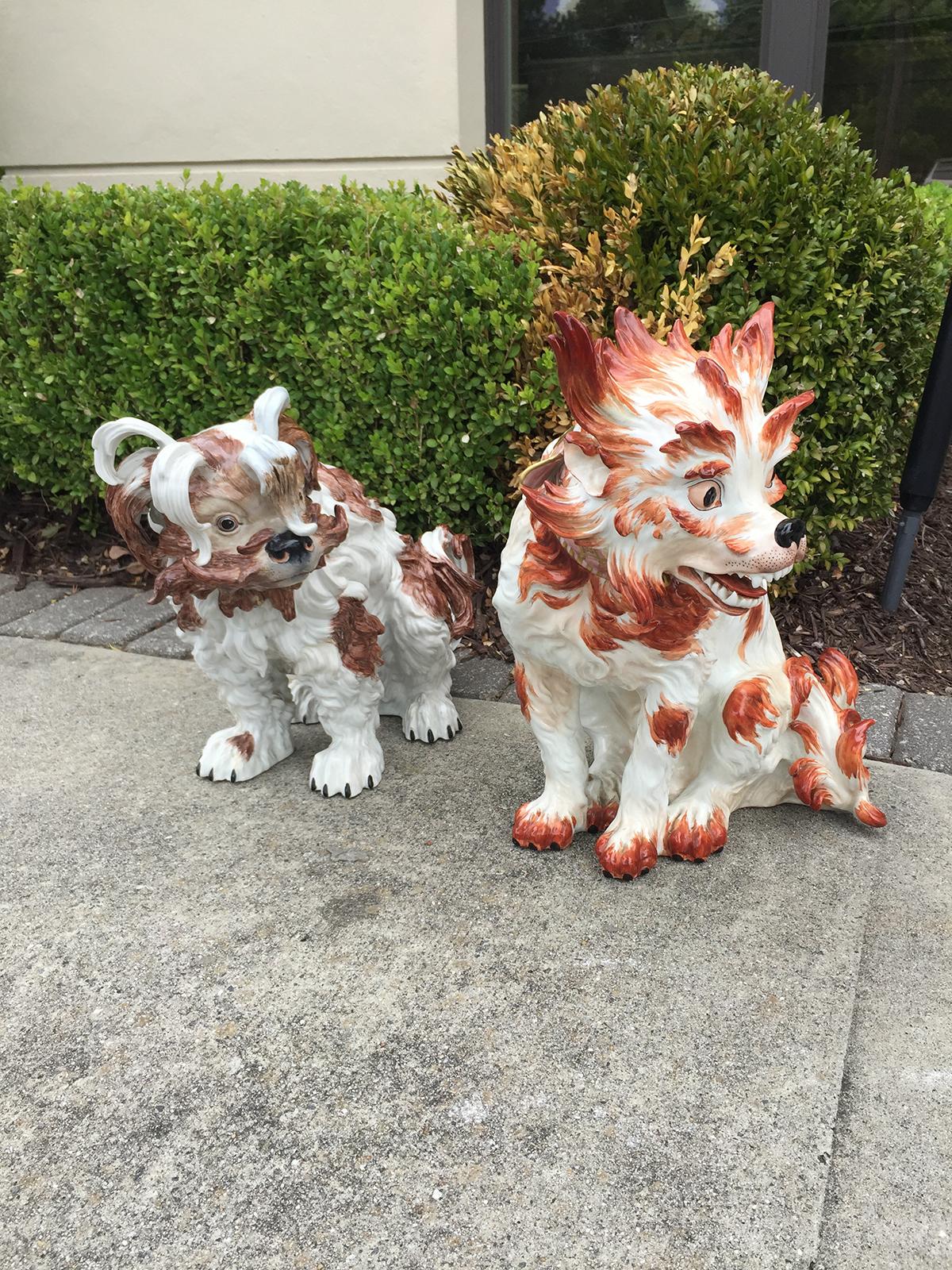 Pair of circa 1902 German Enameled Porcelain Bolognese Hounds by Dresden, Marked For Sale 5