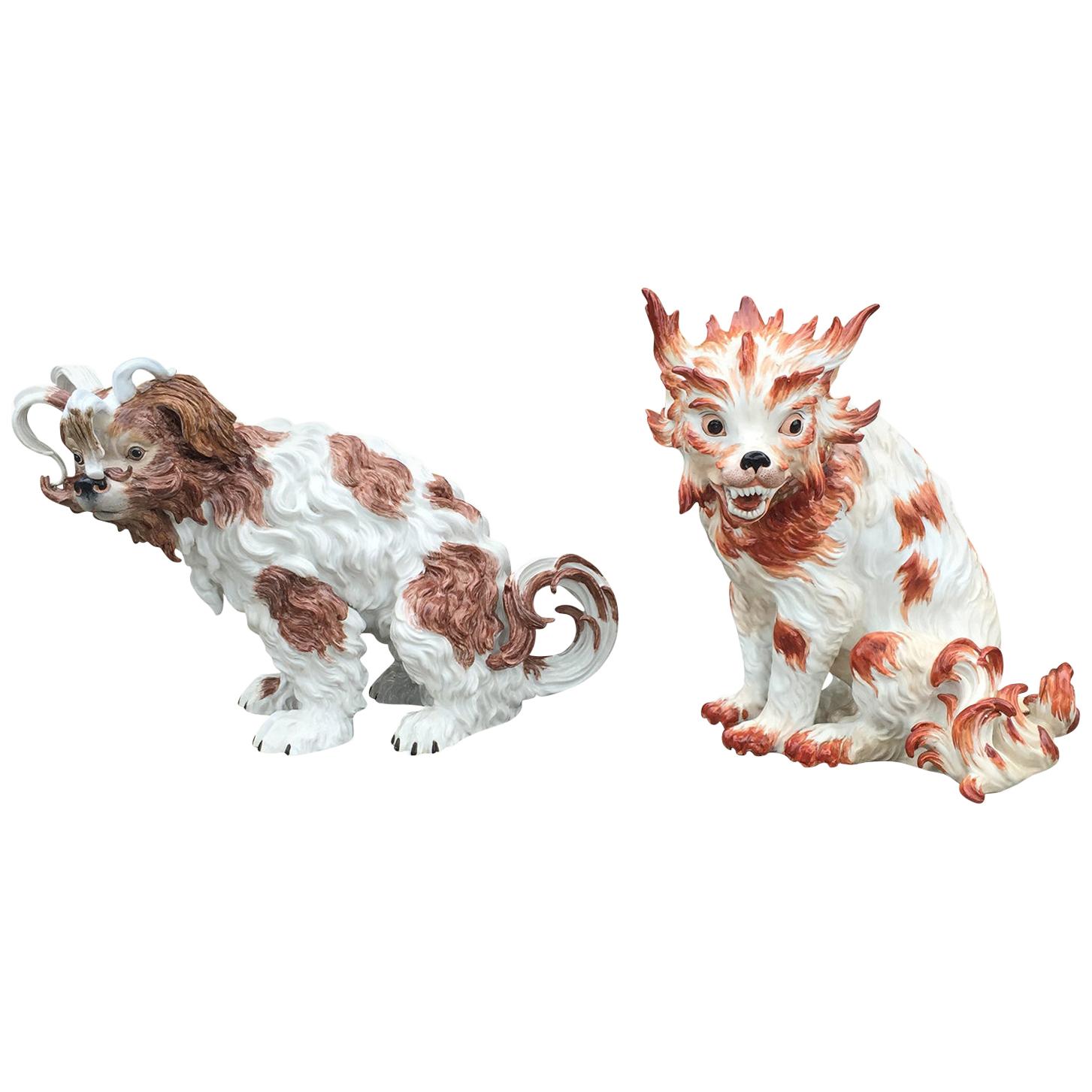 Pair of circa 1902 German Enameled Porcelain Bolognese Hounds by Dresden, Marked For Sale