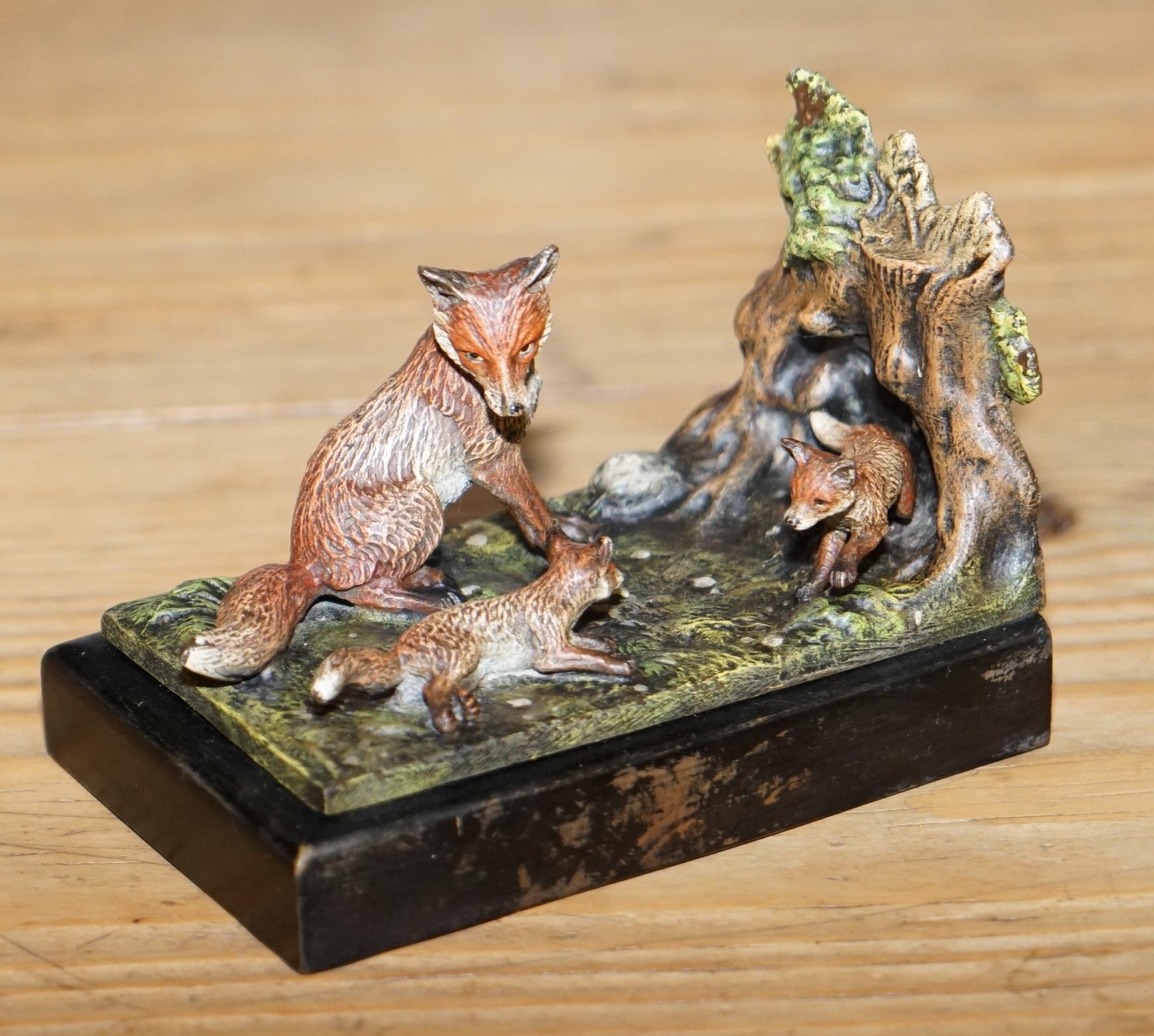 We are delighted to offer for sale this stunning pair of original circa 1920 Austrian Vienna cold painted bronze bookends depicting a hound going into a warren and fox and two cups coming out of one

A truly stunning and exceptionally rare pair,
