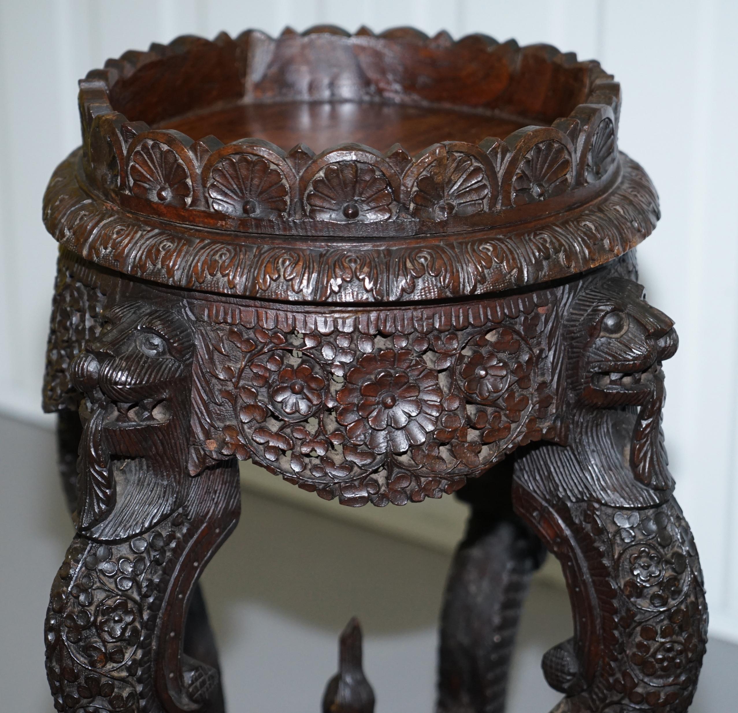 Pair of circa 1920 Burmese Carved Wood Jardinière Plant Pedestal Stands Lions 6