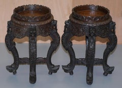Pair of circa 1920 Burmese Carved Wood Jardinière Plant Pedestal Stands Lions