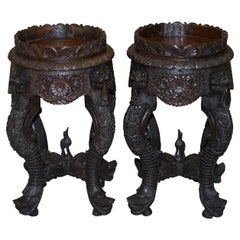 Pair of circa 1920 Burmese Carved Wood Jardinière Plant Pedestal Stands Lions