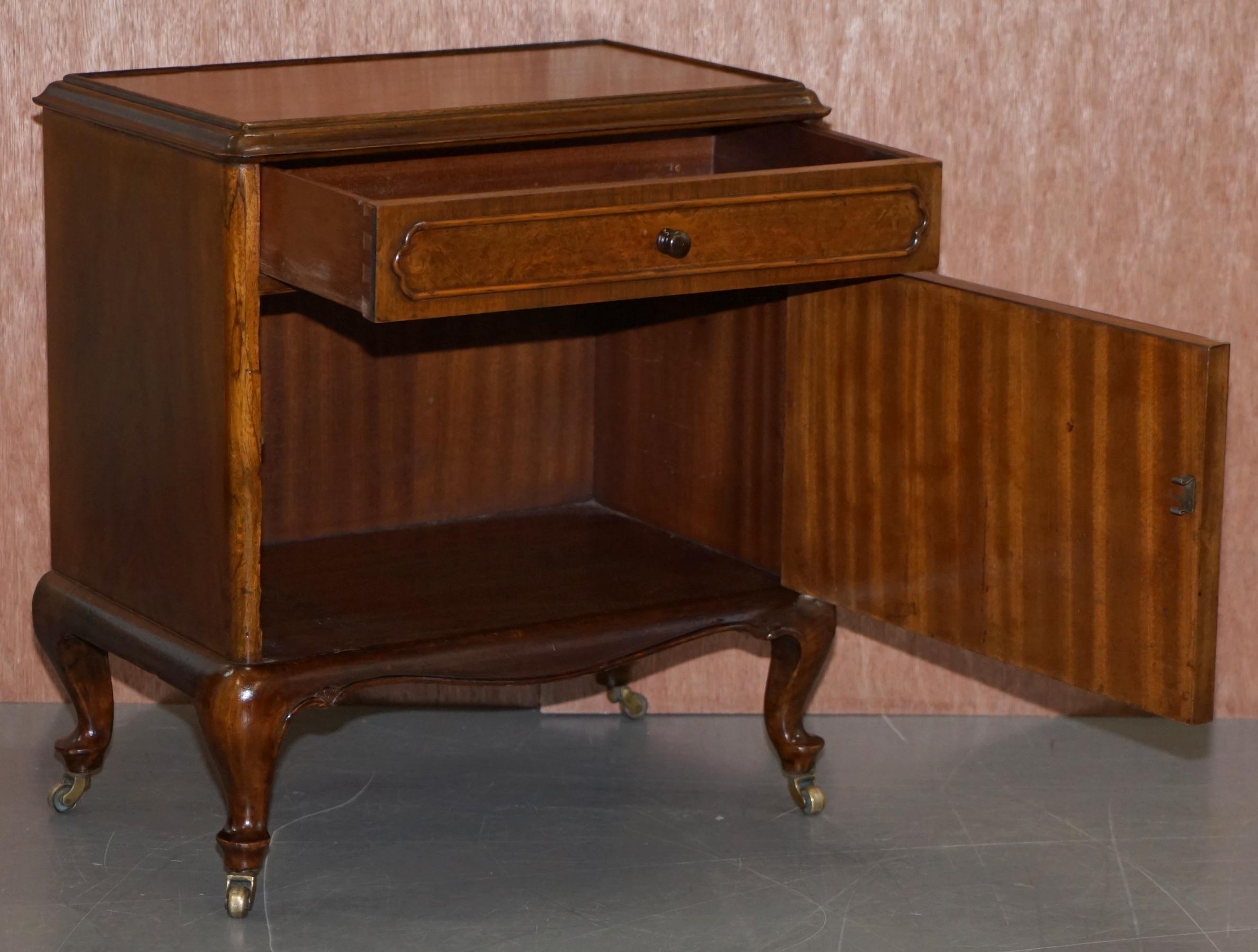 Pair of circa 1920 Burr Walnut Side Lamp or Bedside Table Nightstands Cupboards 6