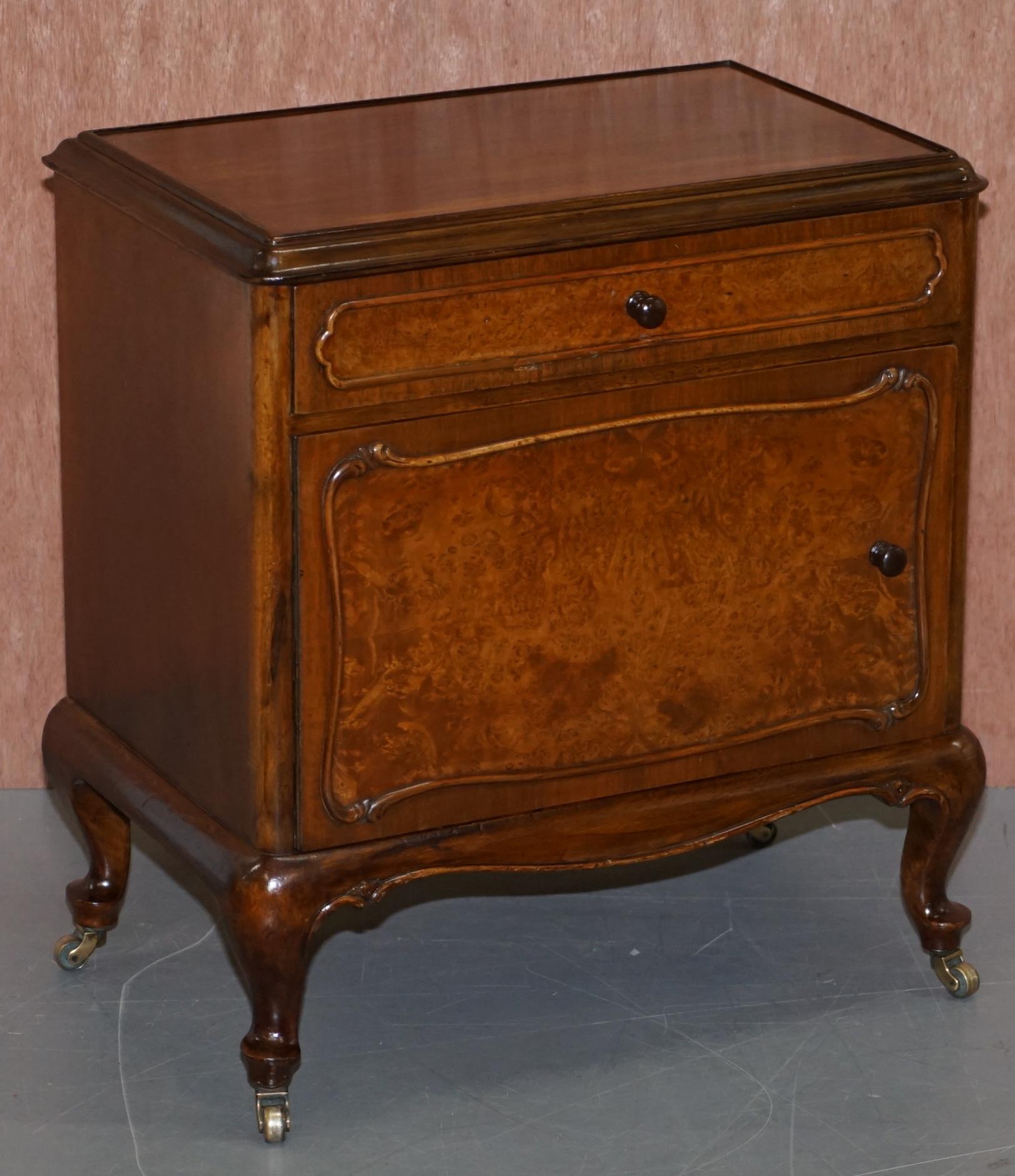 Pair of circa 1920 Burr Walnut Side Lamp or Bedside Table Nightstands Cupboards 9