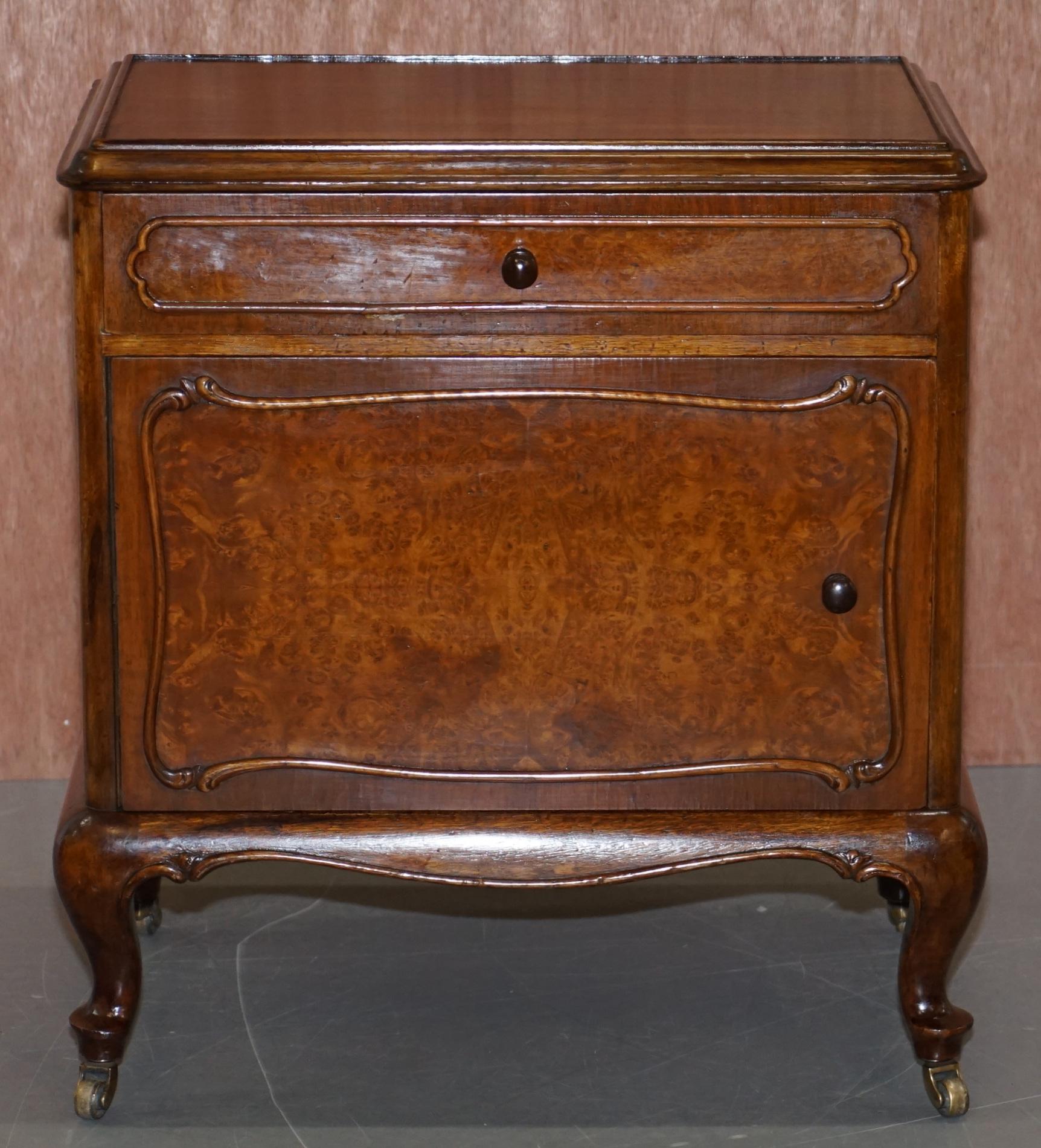 Pair of circa 1920 Burr Walnut Side Lamp or Bedside Table Nightstands Cupboards 10