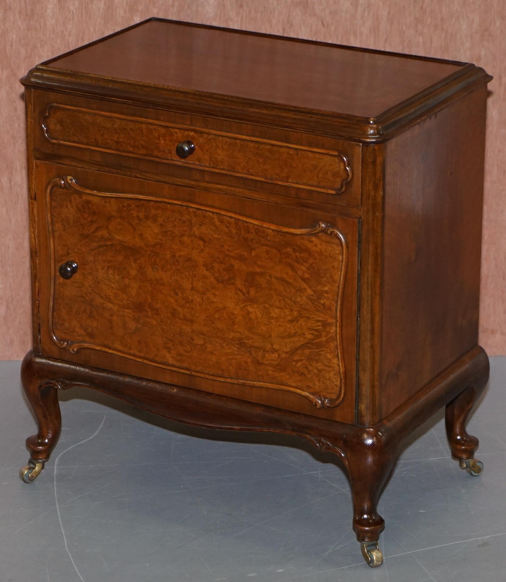 We are delighted to offer for sale this lovely original pair of circa 1920 burr walnut bedside table cupboards with original castors

A very good looking and well made pair, the timber patina is sublime and heavily burred especially to the front