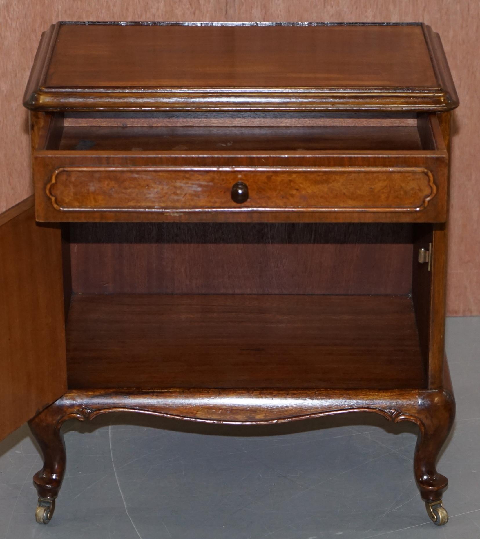 Pair of circa 1920 Burr Walnut Side Lamp or Bedside Table Nightstands Cupboards 14