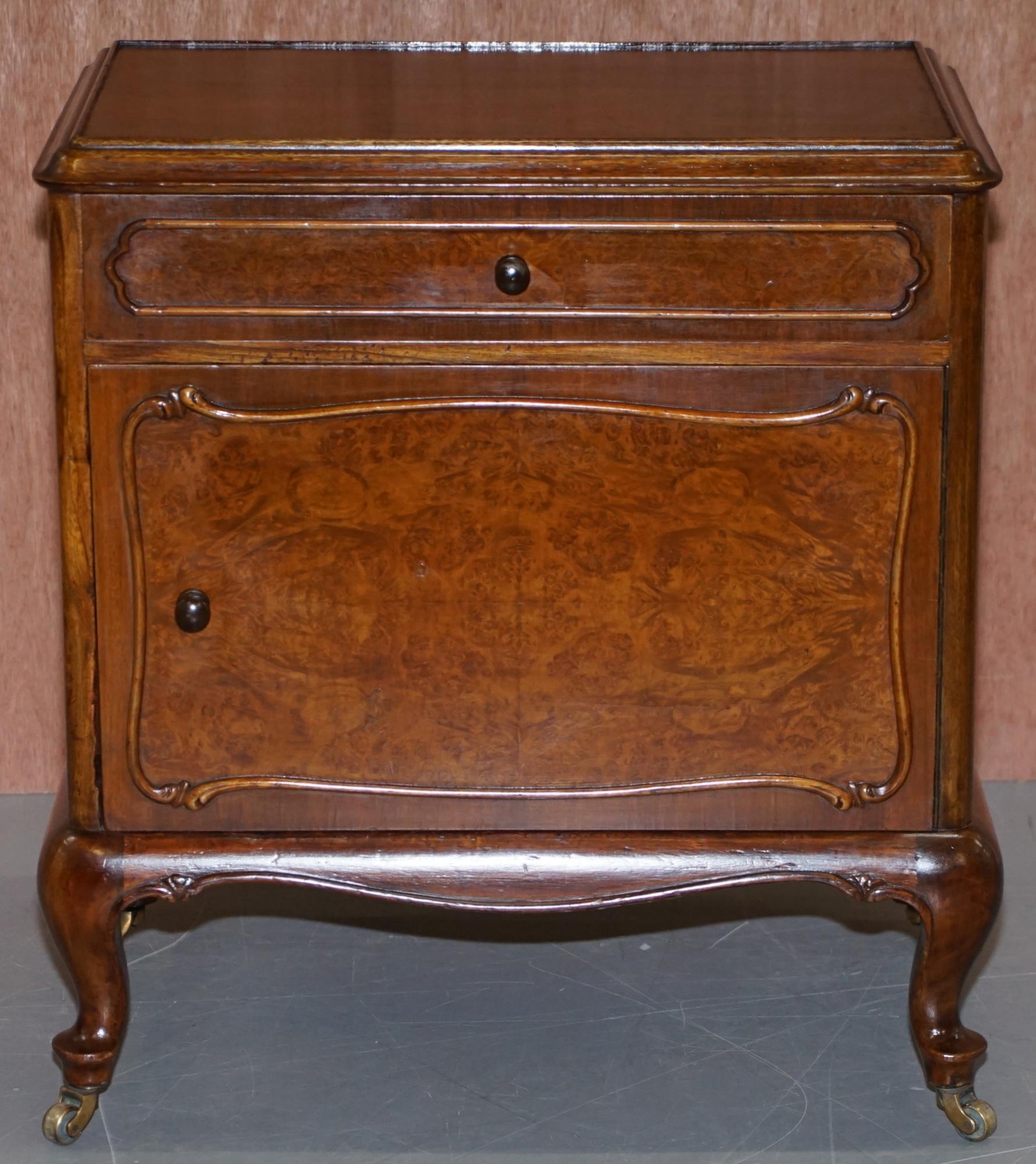 Art Deco Pair of circa 1920 Burr Walnut Side Lamp or Bedside Table Nightstands Cupboards