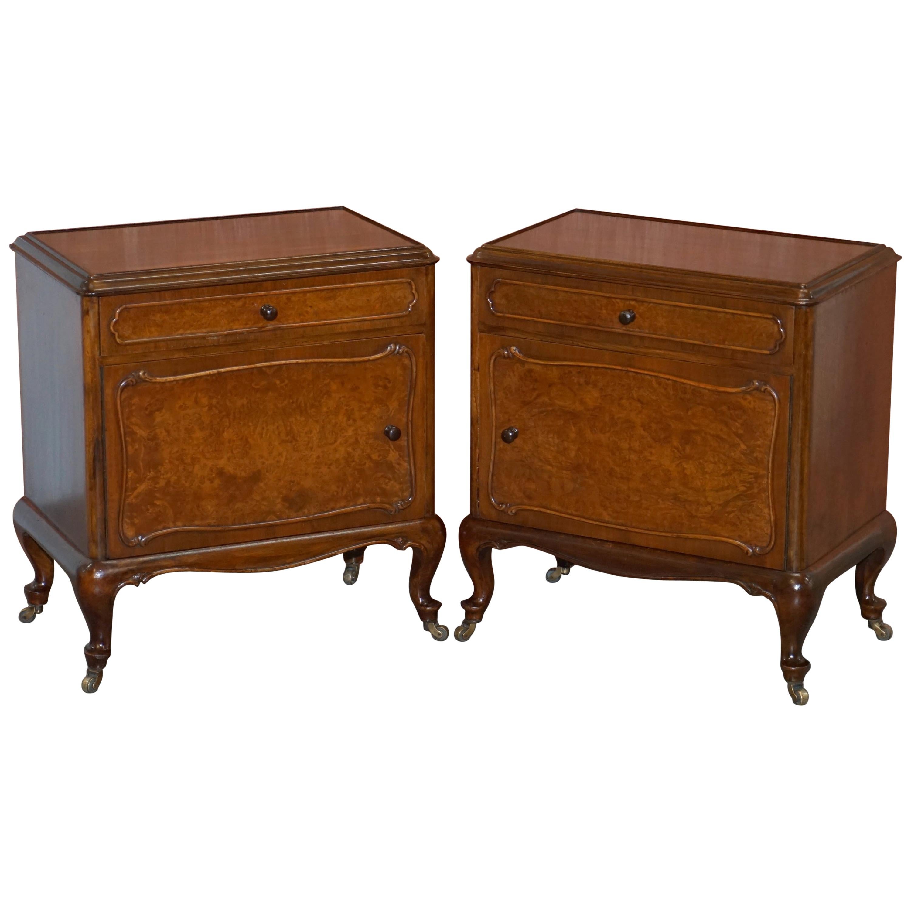 Pair of circa 1920 Burr Walnut Side Lamp or Bedside Table Nightstands Cupboards