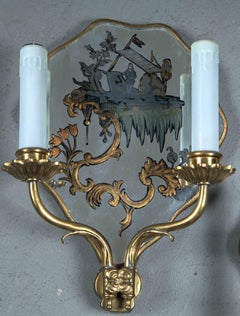 Pair of circa 1920 Caldwell Hand-Painted Mirrored Sconces