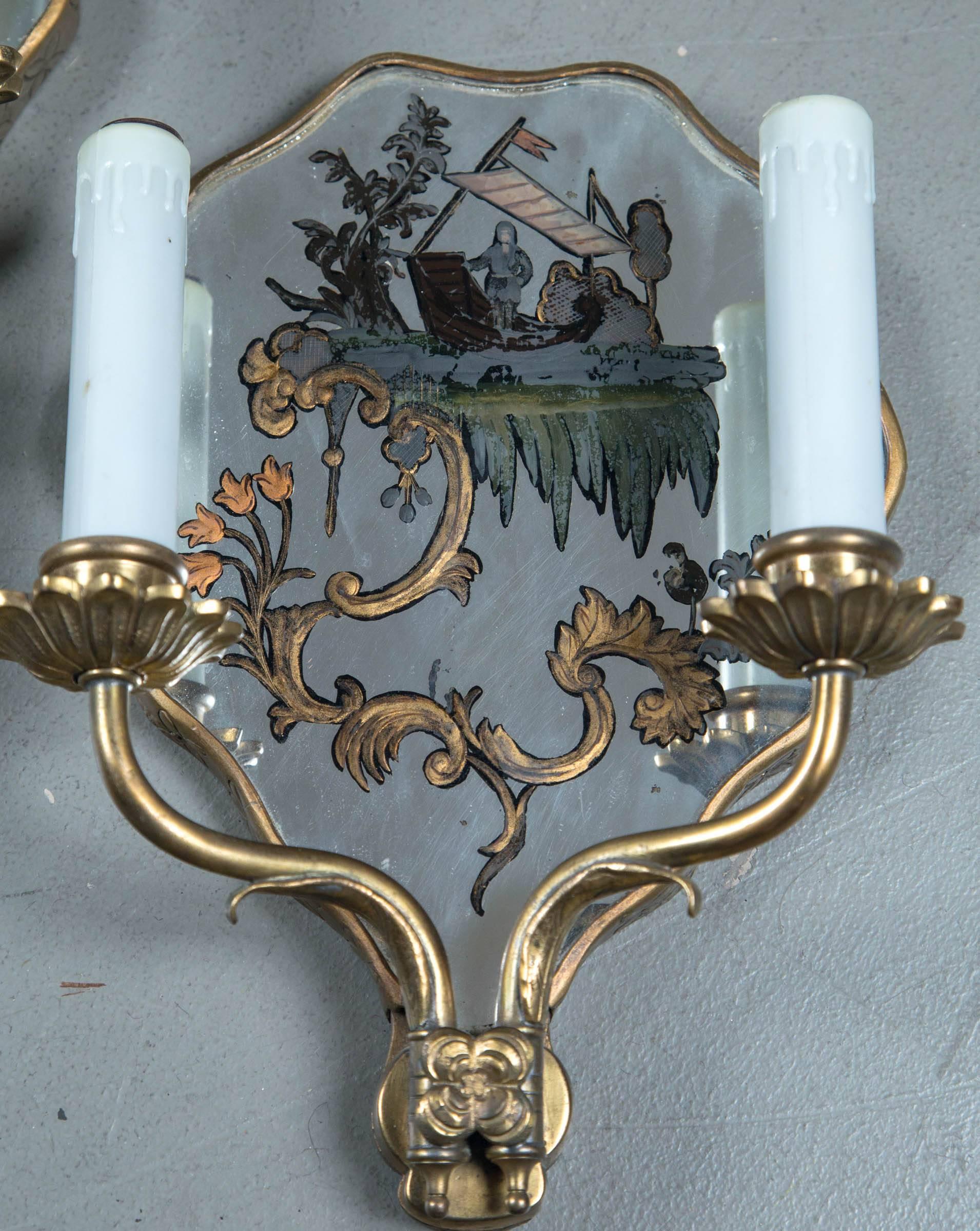 Pair of circa 1920 Caldwell Hand-Painted Mirrored Sconces In Excellent Condition For Sale In Stamford, CT