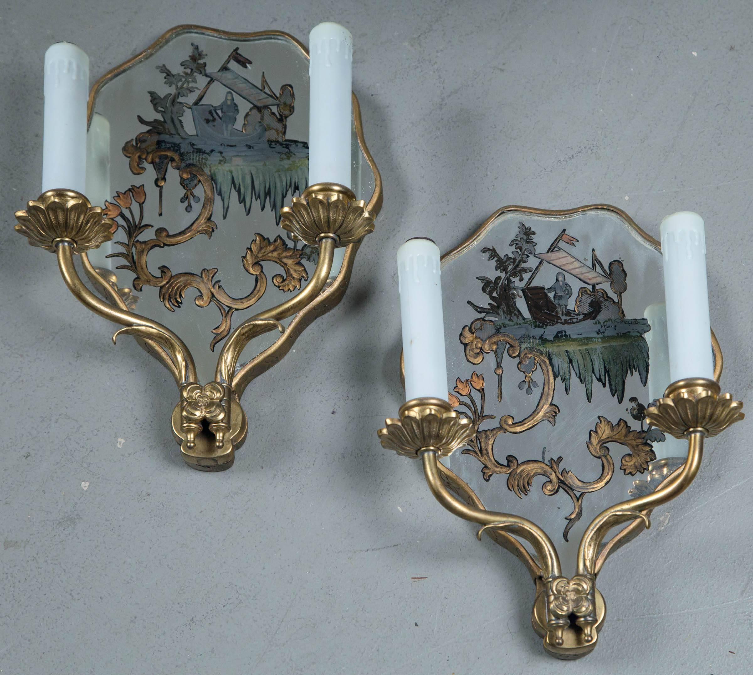 Early 20th Century Pair of circa 1920 Caldwell Hand-Painted Mirrored Sconces For Sale