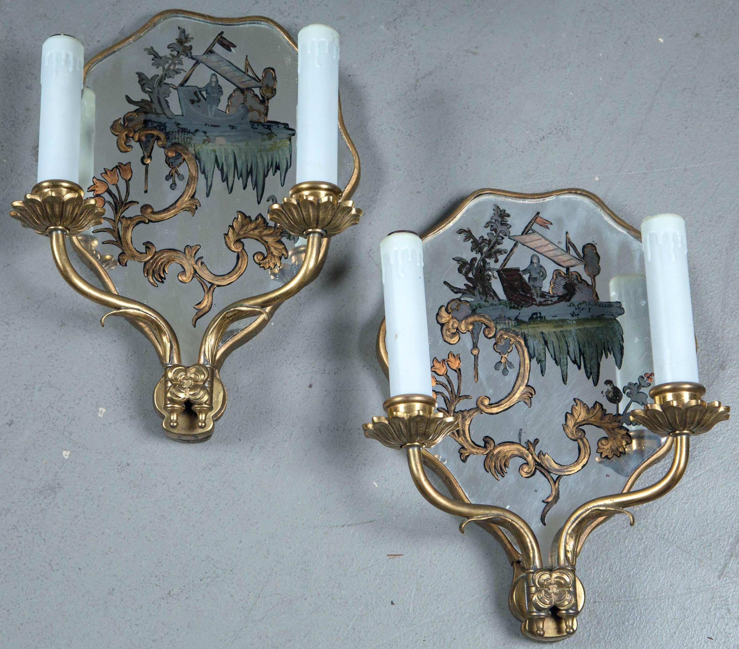 Pair of circa 1920 Caldwell Hand-Painted Mirrored Sconces For Sale 1