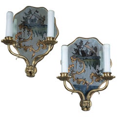 Antique Pair of circa 1920 Caldwell Hand-Painted Mirrored Sconces