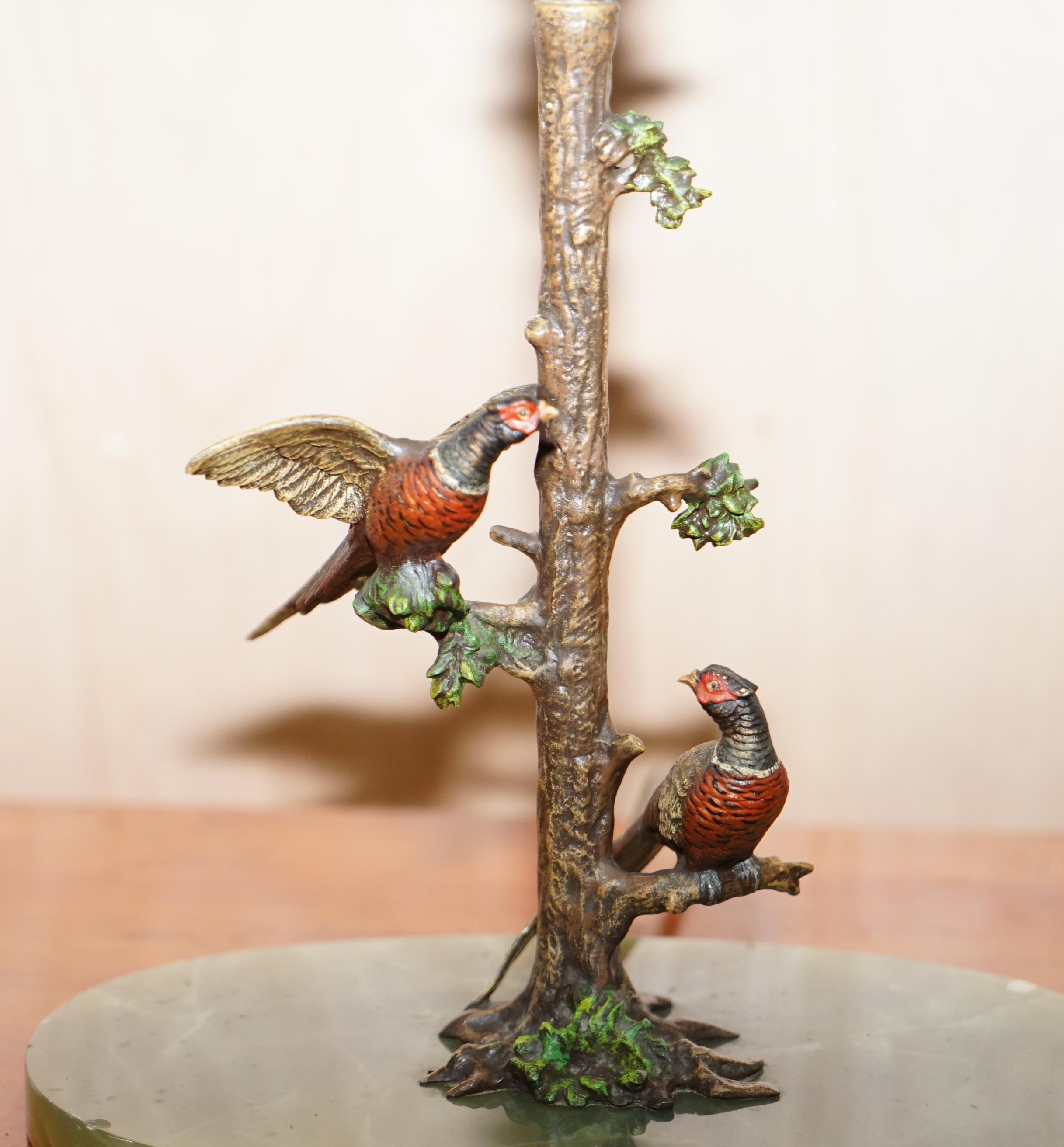 Pair of circa 1920 Cold Painted Bronze Lamps of Presents in Trees with Onyx Base 9