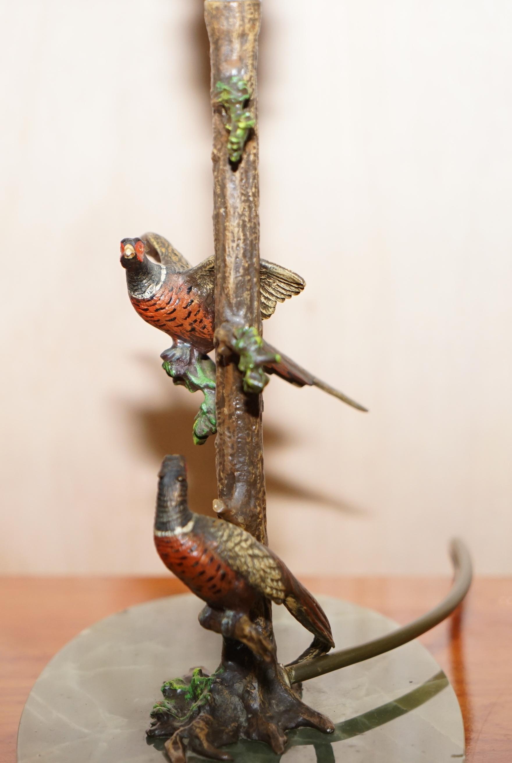 Pair of circa 1920 Cold Painted Bronze Lamps of Presents in Trees with Onyx Base 10