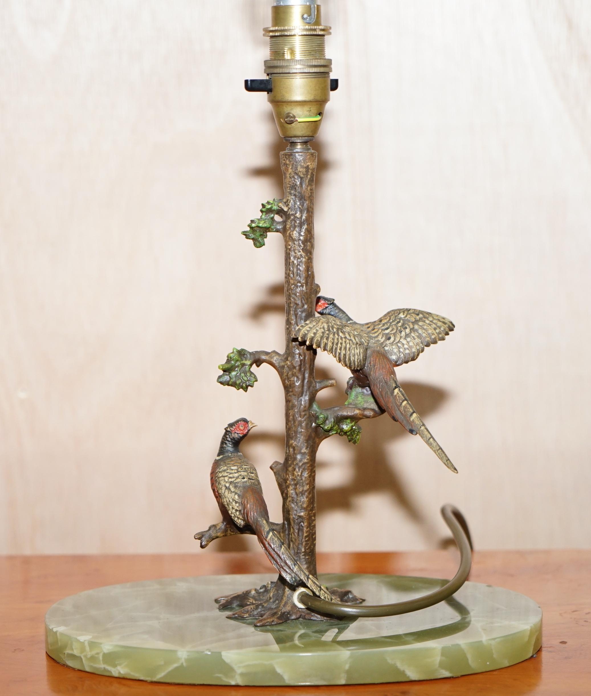 Pair of circa 1920 Cold Painted Bronze Lamps of Presents in Trees with Onyx Base 12