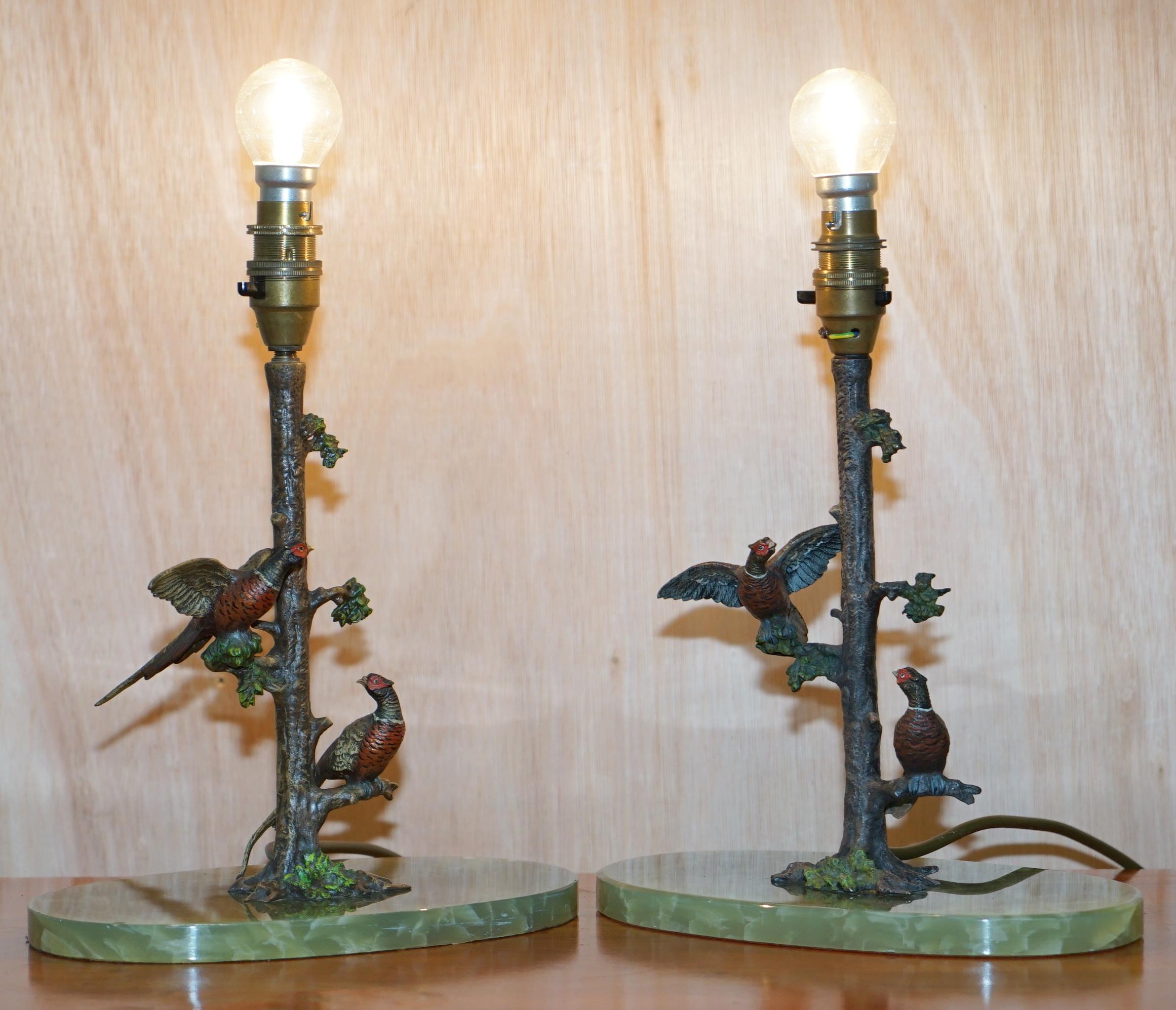 We are delighted to this absolutely stunning pair of circa 1920 cold painted Austrian bronze table lamps of two stunning Pheasants 

I have one more of these lamps which is slightly large and has a pair of blue budgies on it

This pair is
