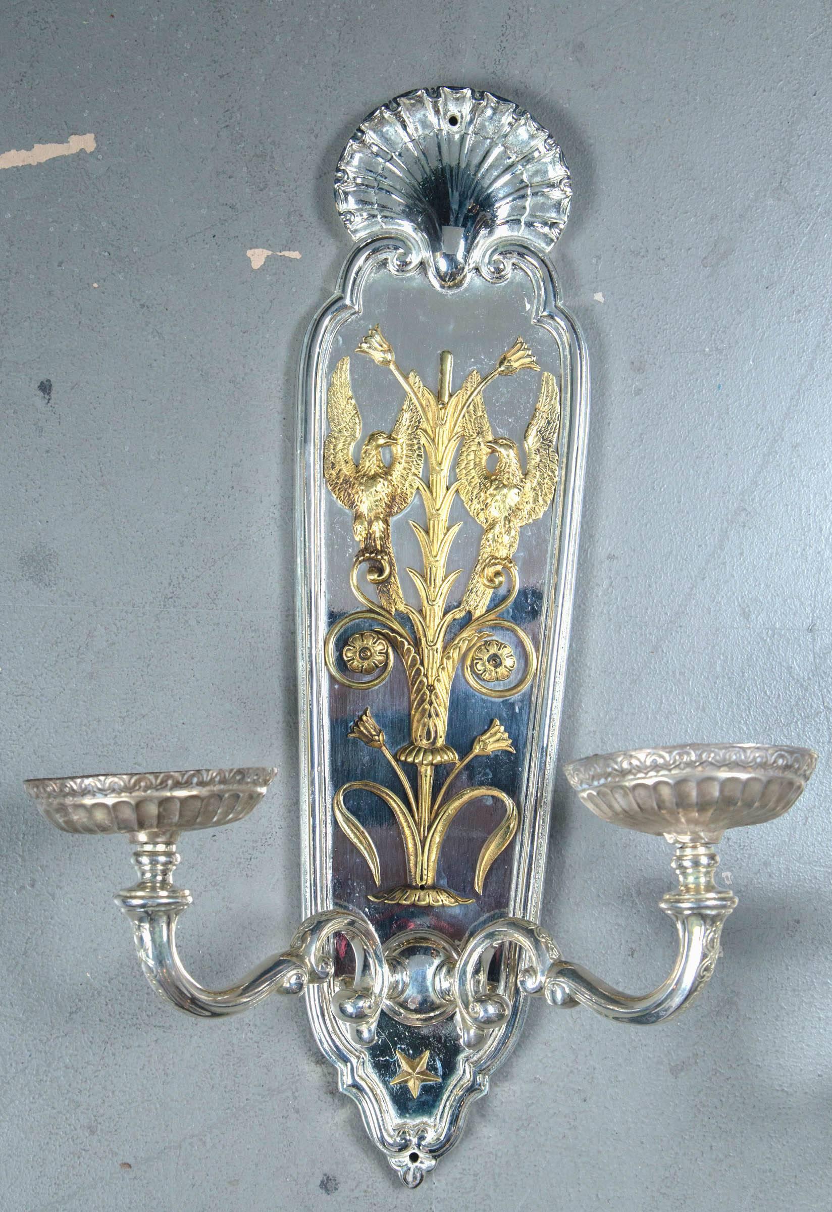 Pair of circa 1920 Silver Plated Caldwell Sconces with Gilt Bronze Design In Excellent Condition For Sale In Stamford, CT