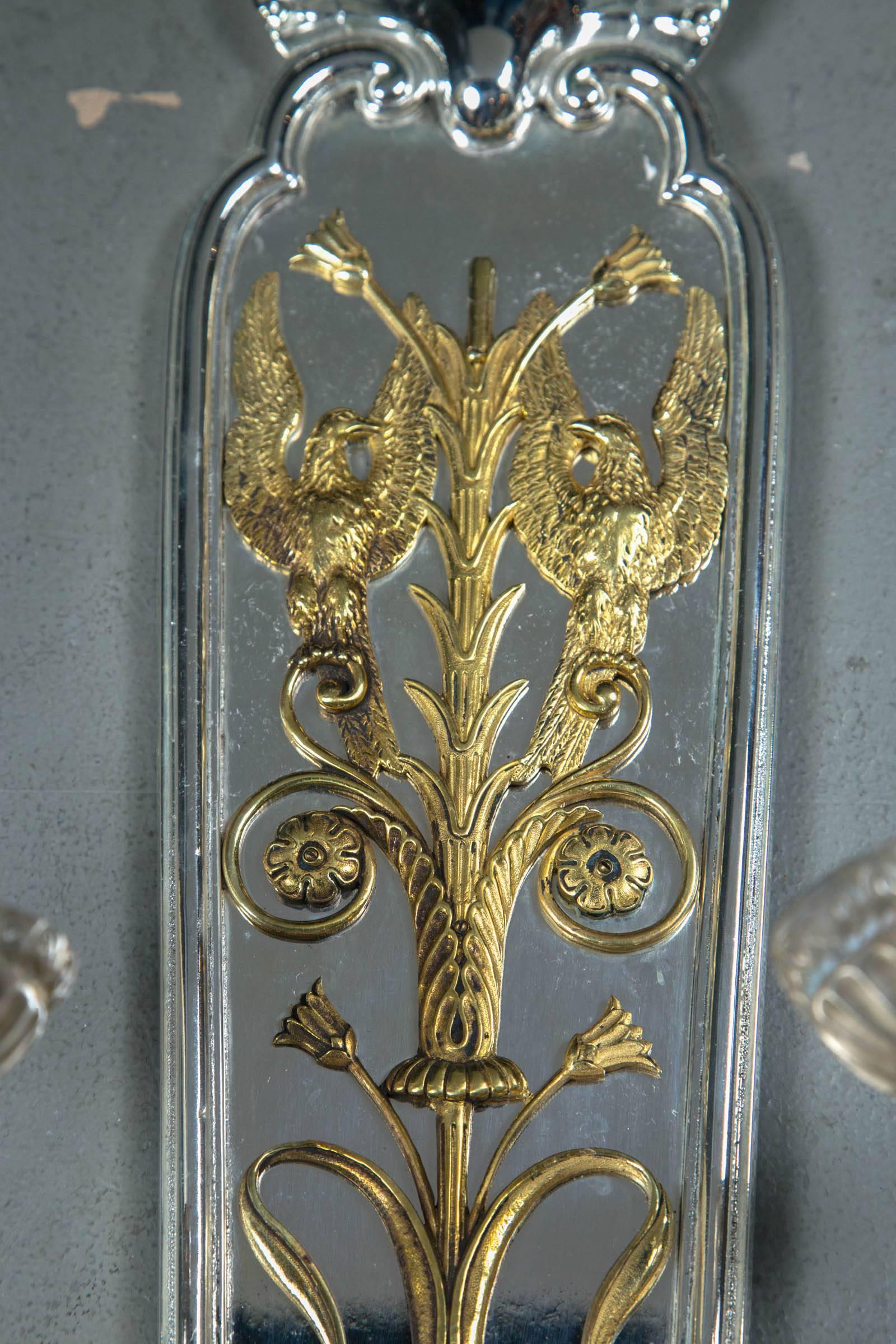 Pair of circa 1920 Silver Plated Caldwell Sconces with Gilt Bronze Design For Sale 1