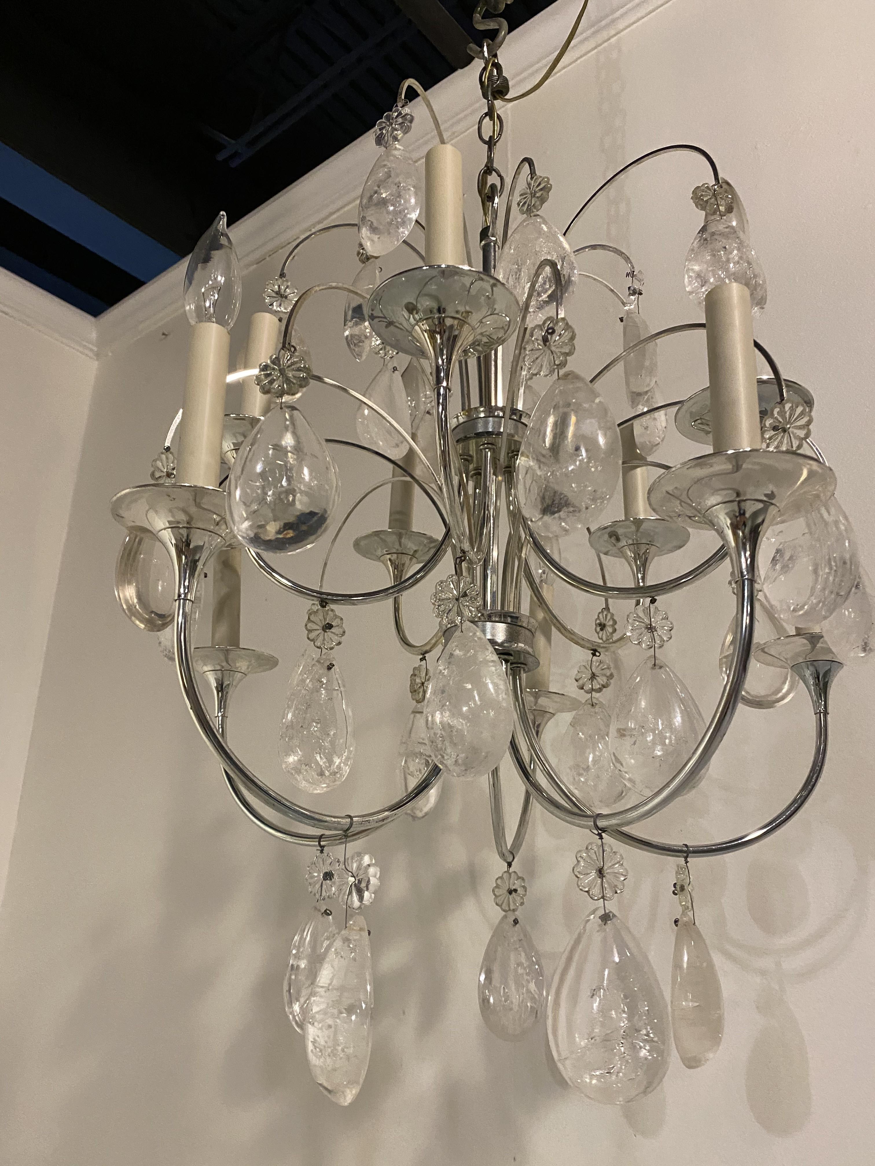 Circa 1930's Silver plated chandelier with Rock crystal hangings. Available pair 
