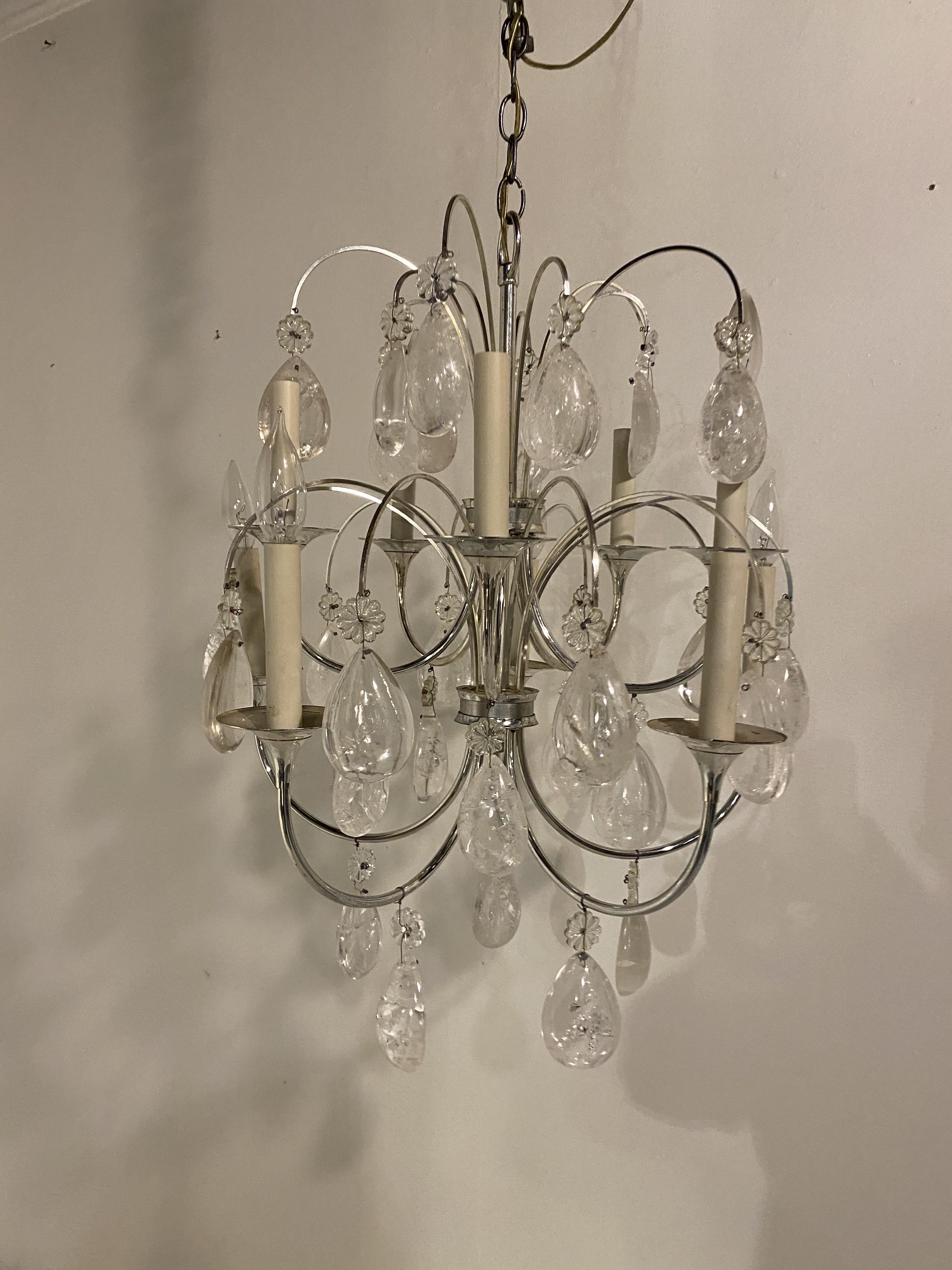 French Provincial 1930's French Silver Plated Chandelier with Rock Crystals For Sale