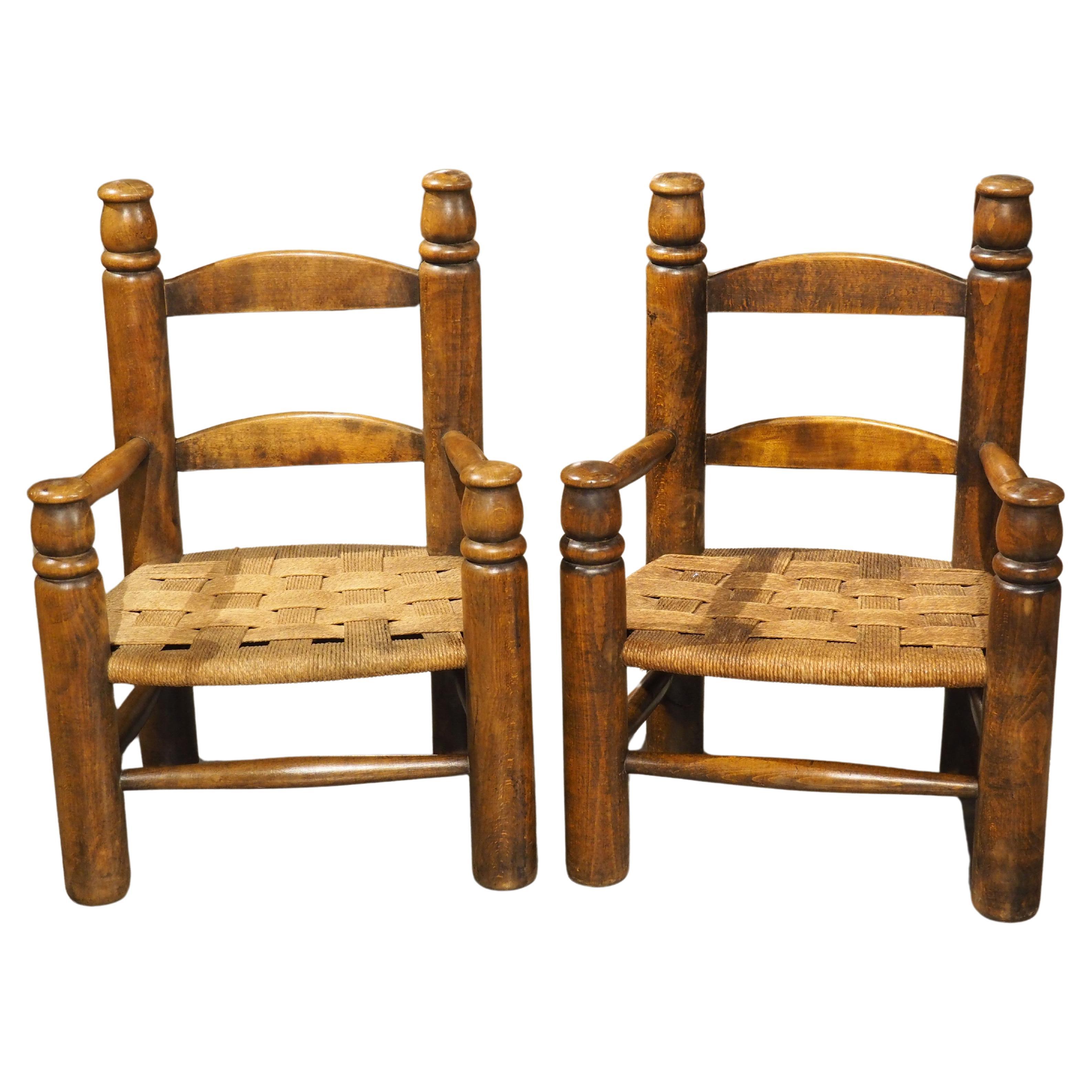 Pair of Circa 1940 Charles Dudouyt Style French Low Chairs in Carved Beech