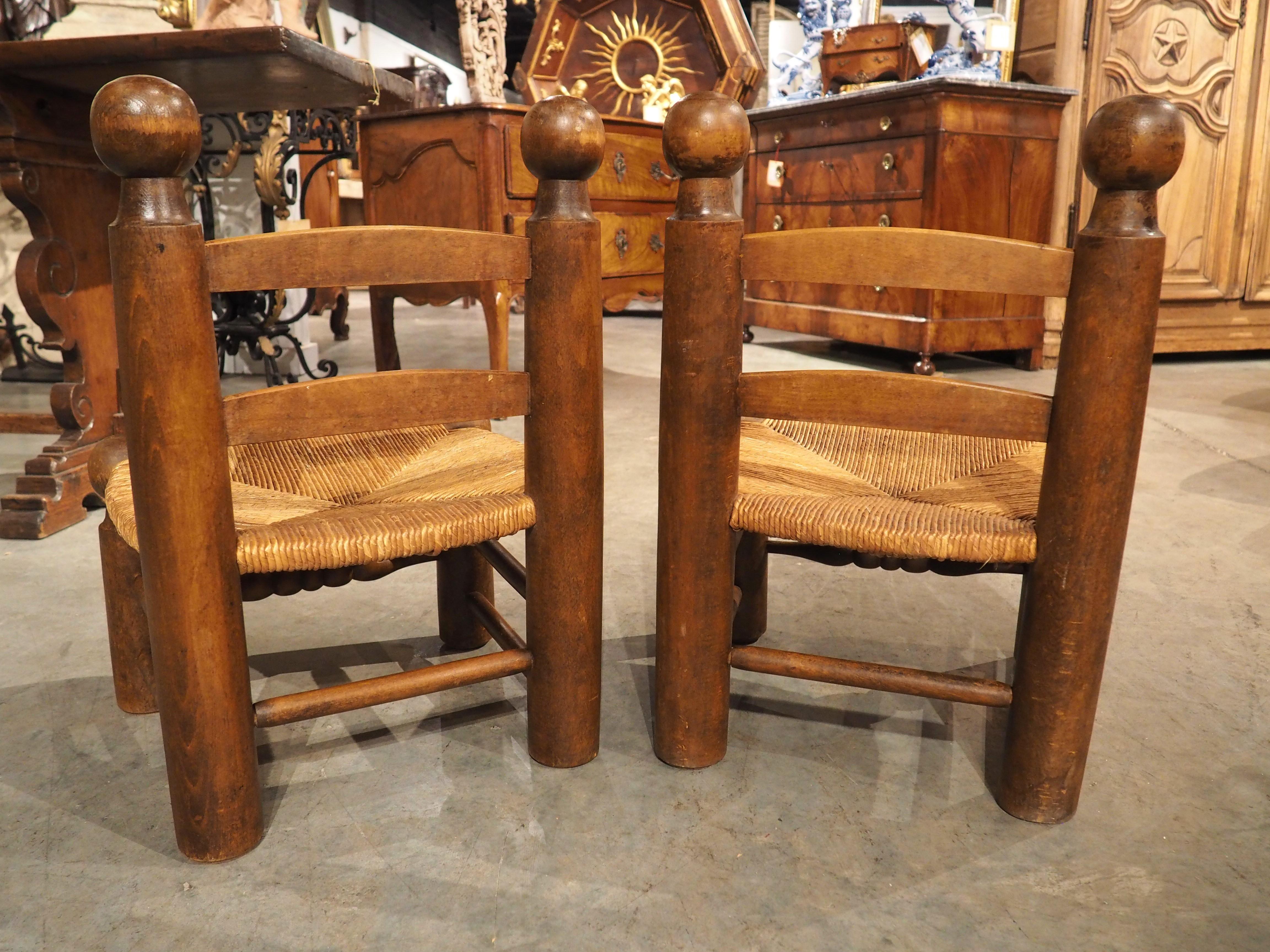 Pair of Circa 1940 French Low Fireplace Chairs in Carved Beech and Rush For Sale 4