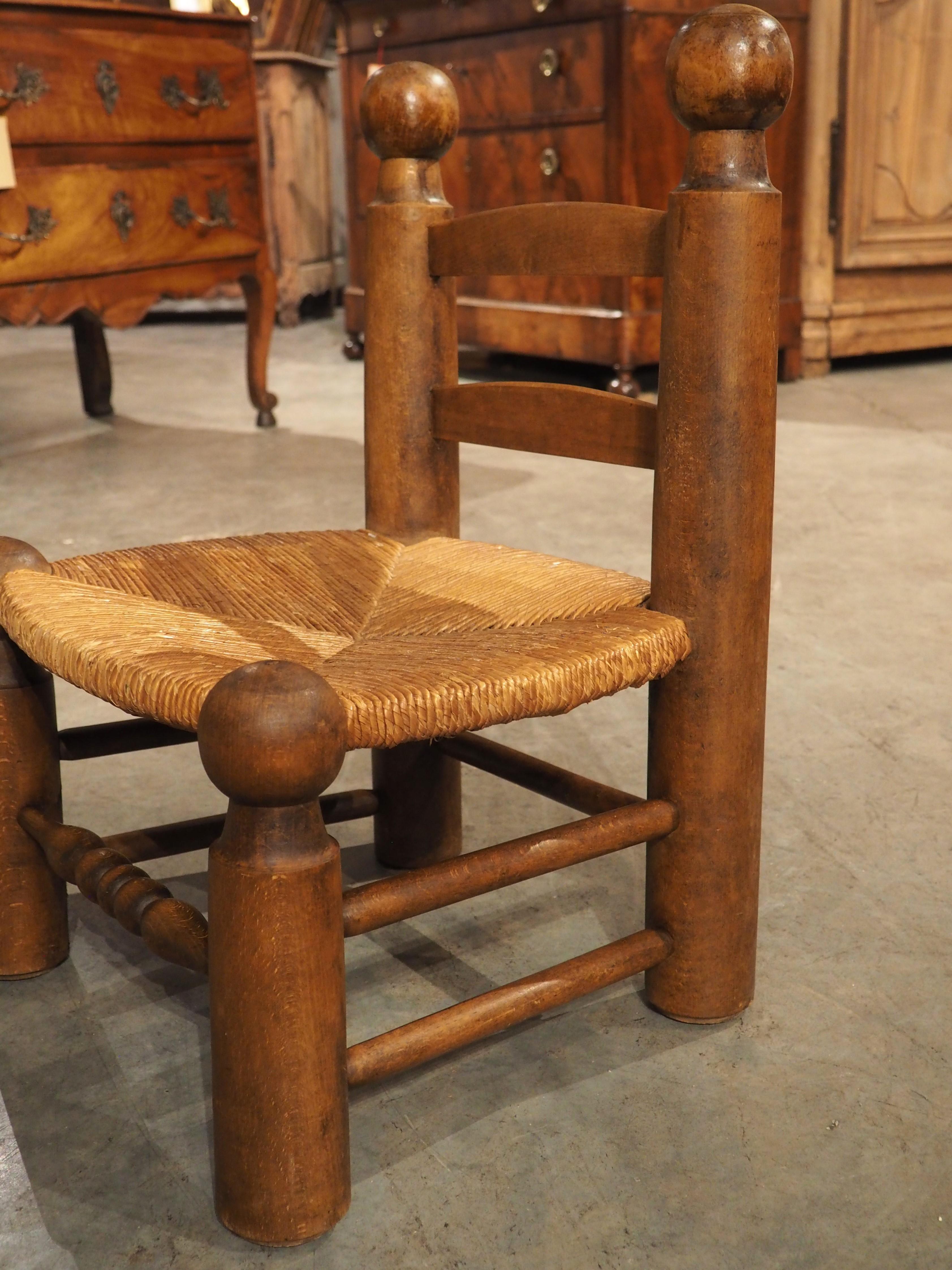 Pair of Circa 1940 French Low Fireplace Chairs in Carved Beech and Rush For Sale 6