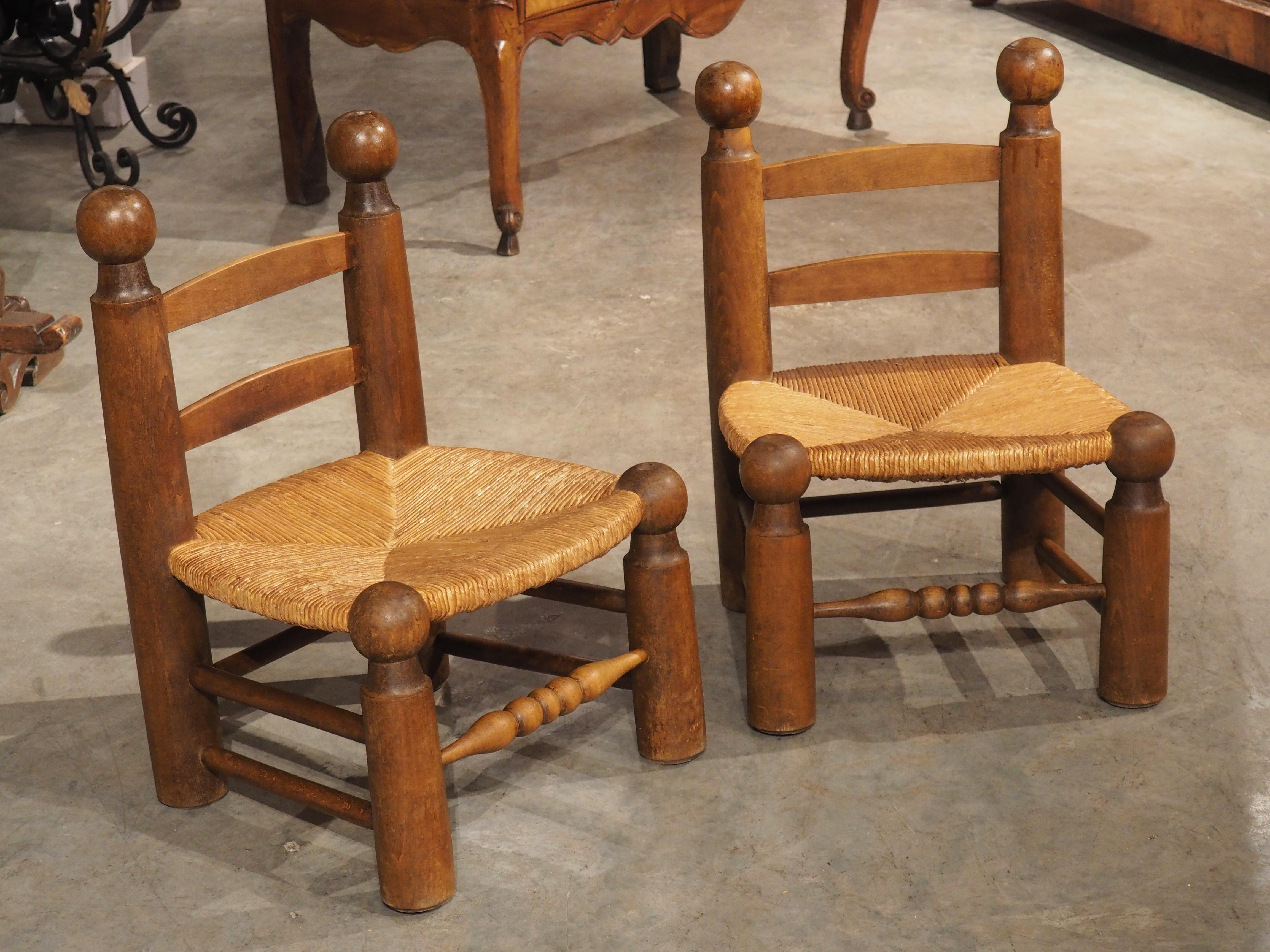 Pair of Circa 1940 French Low Fireplace Chairs in Carved Beech and Rush For Sale 9