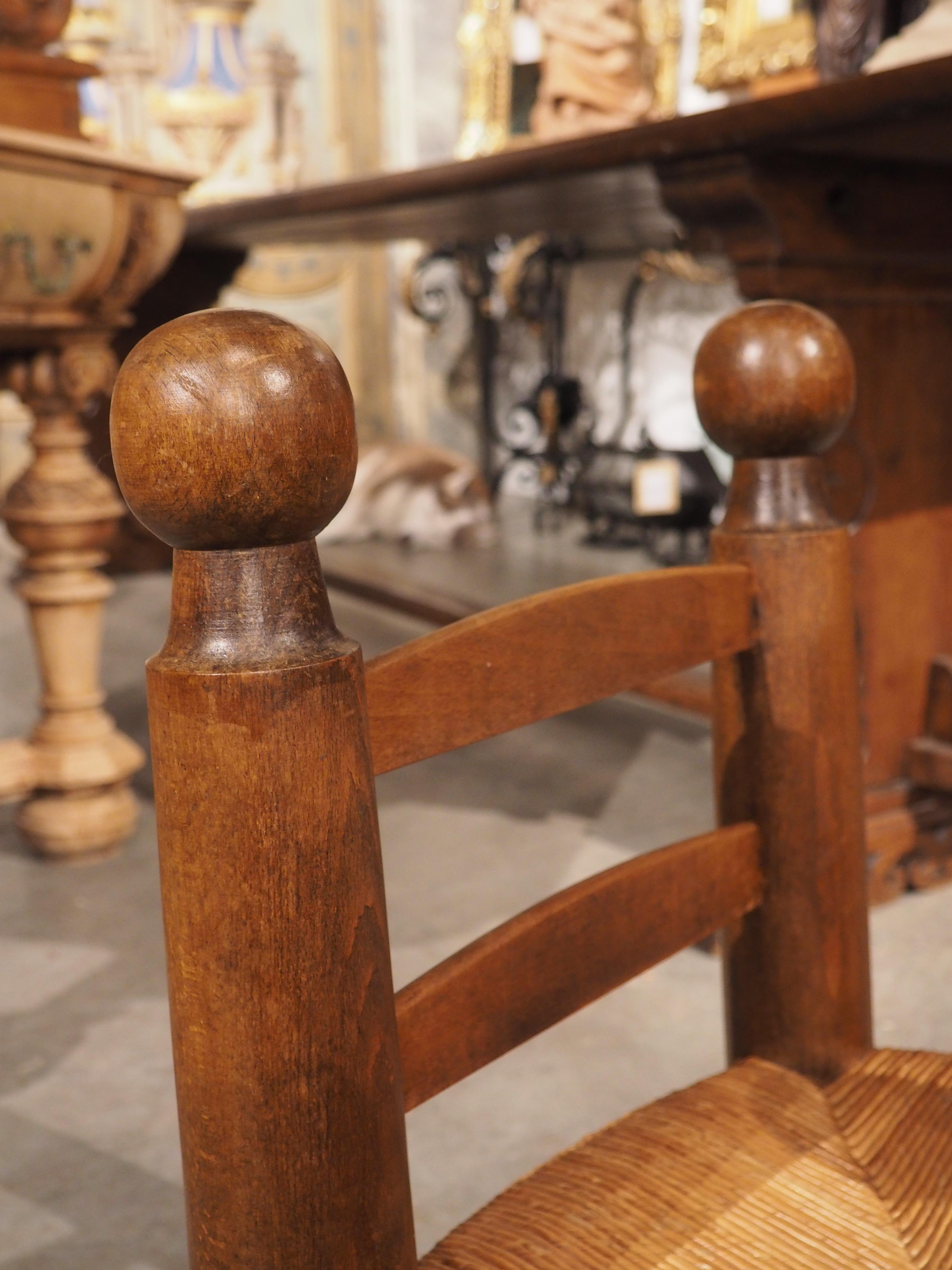 Pair of Circa 1940 French Low Fireplace Chairs in Carved Beech and Rush For Sale 2