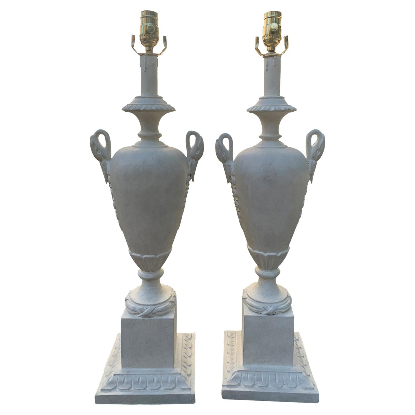 Pair of circa 1940s Italian Neoclassical Custom Painted Lamps, Swan Motif