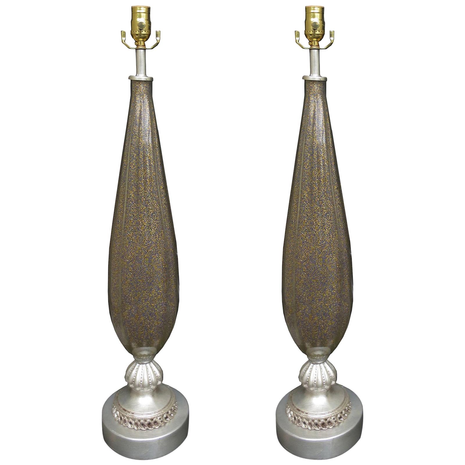 Pair of circa 1940s Murano Glass Lamps, Silver Gilt Bases, Poss. Barovier & Toso For Sale