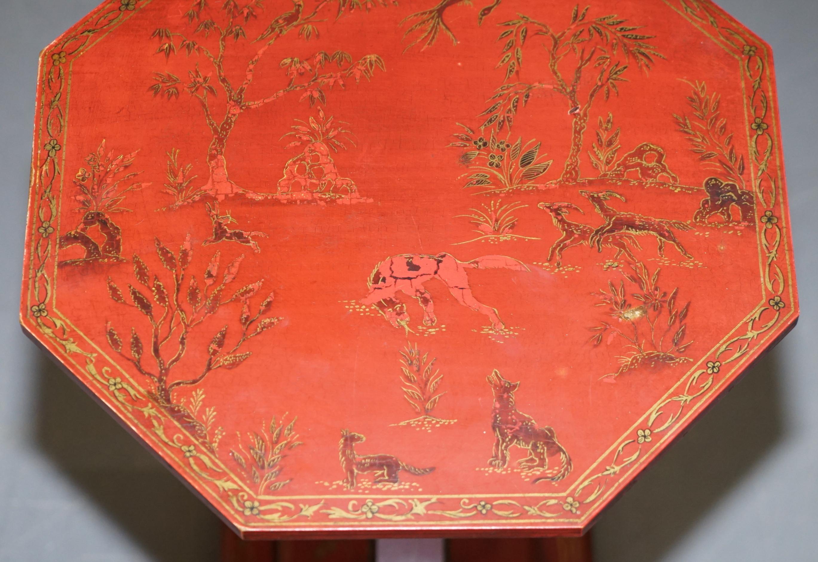 Pair of circa 1940s Red Lacquered Chinese Chinoiserie Side Lamp End Wine Tables 7