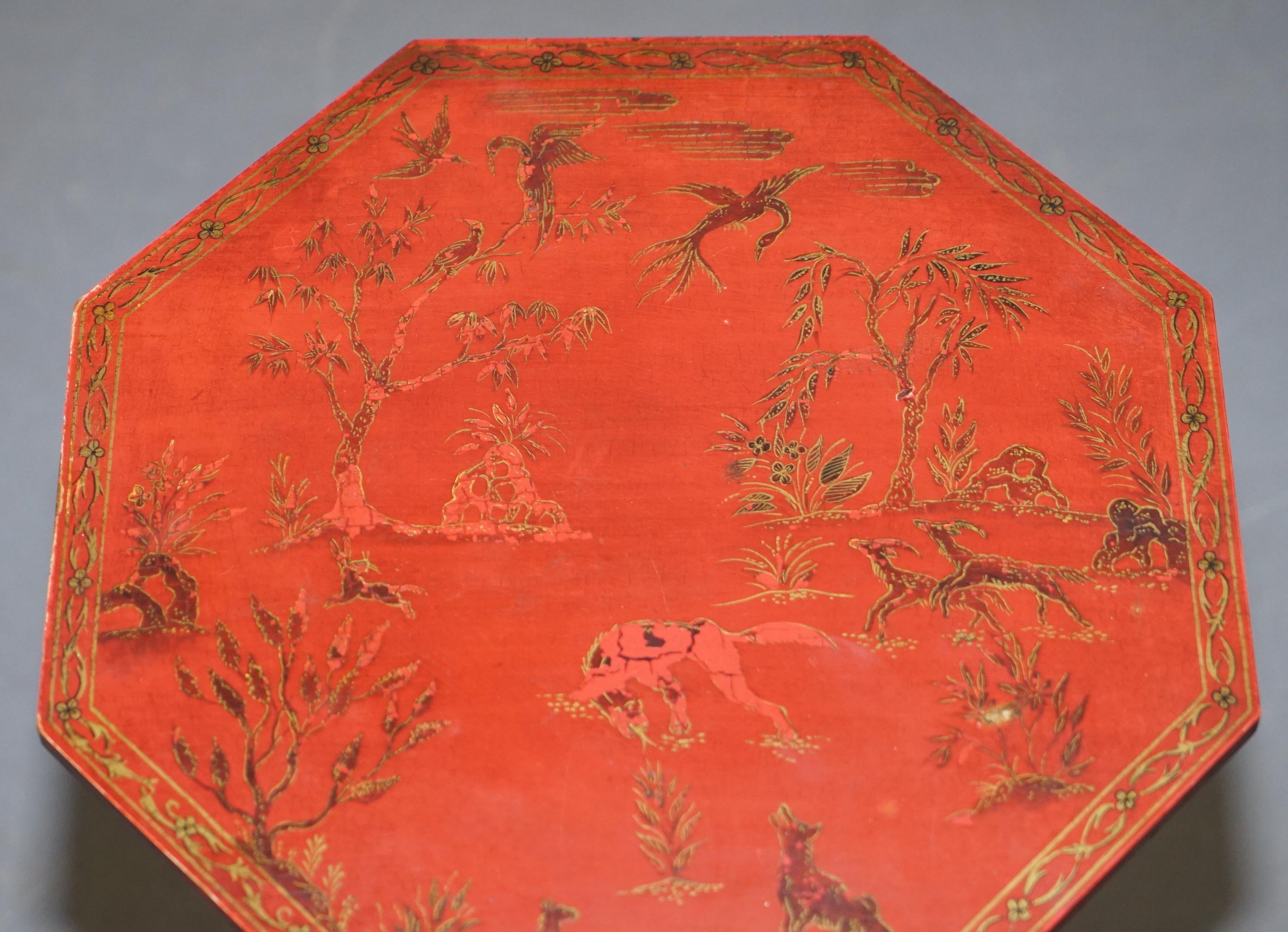 Pair of circa 1940s Red Lacquered Chinese Chinoiserie Side Lamp End Wine Tables 8