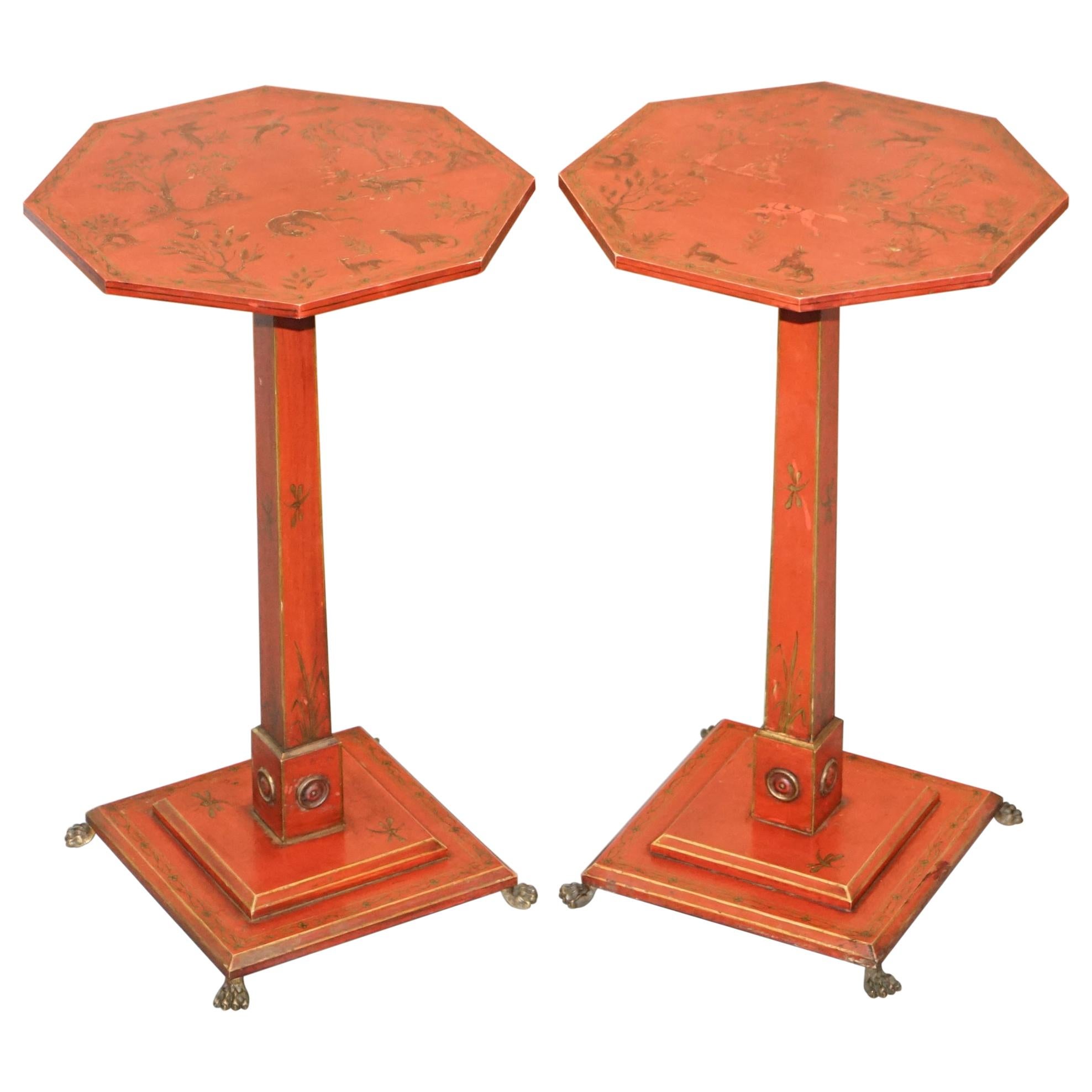 Pair of circa 1940s Red Lacquered Chinese Chinoiserie Side Lamp End Wine Tables