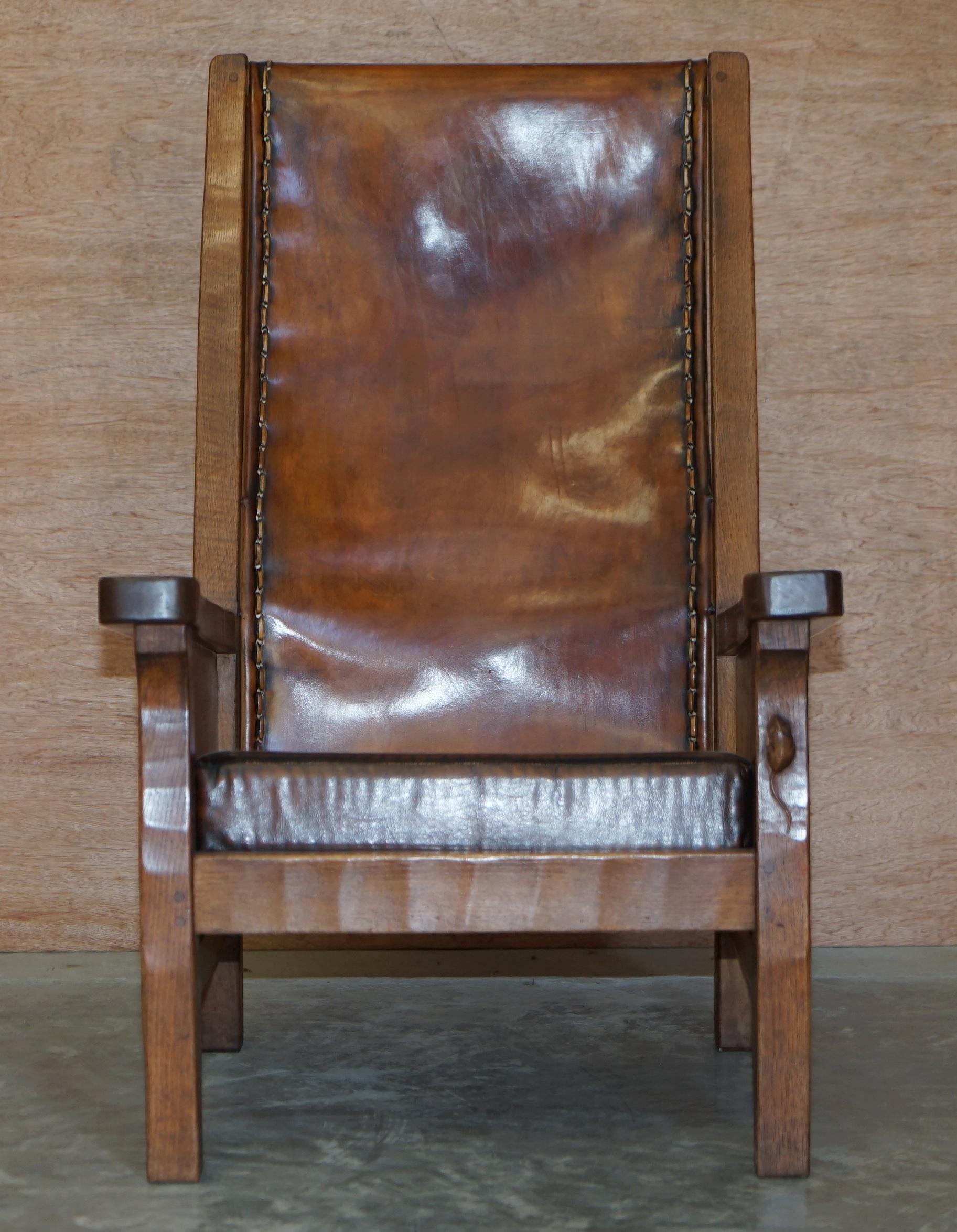 Pair of circa 1950's Hand Dyed Brown Leather Robert Mouseman Thompson Armchairs 10