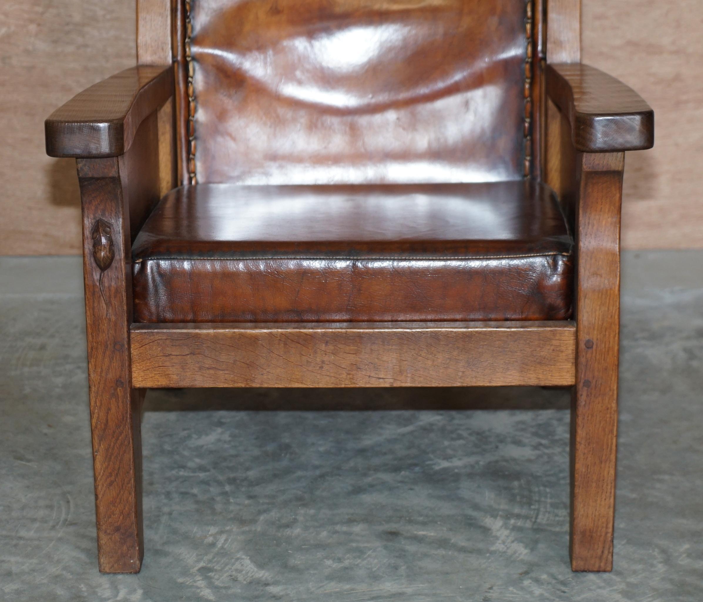 Pair of circa 1950's Hand Dyed Brown Leather Robert Mouseman Thompson Armchairs 1