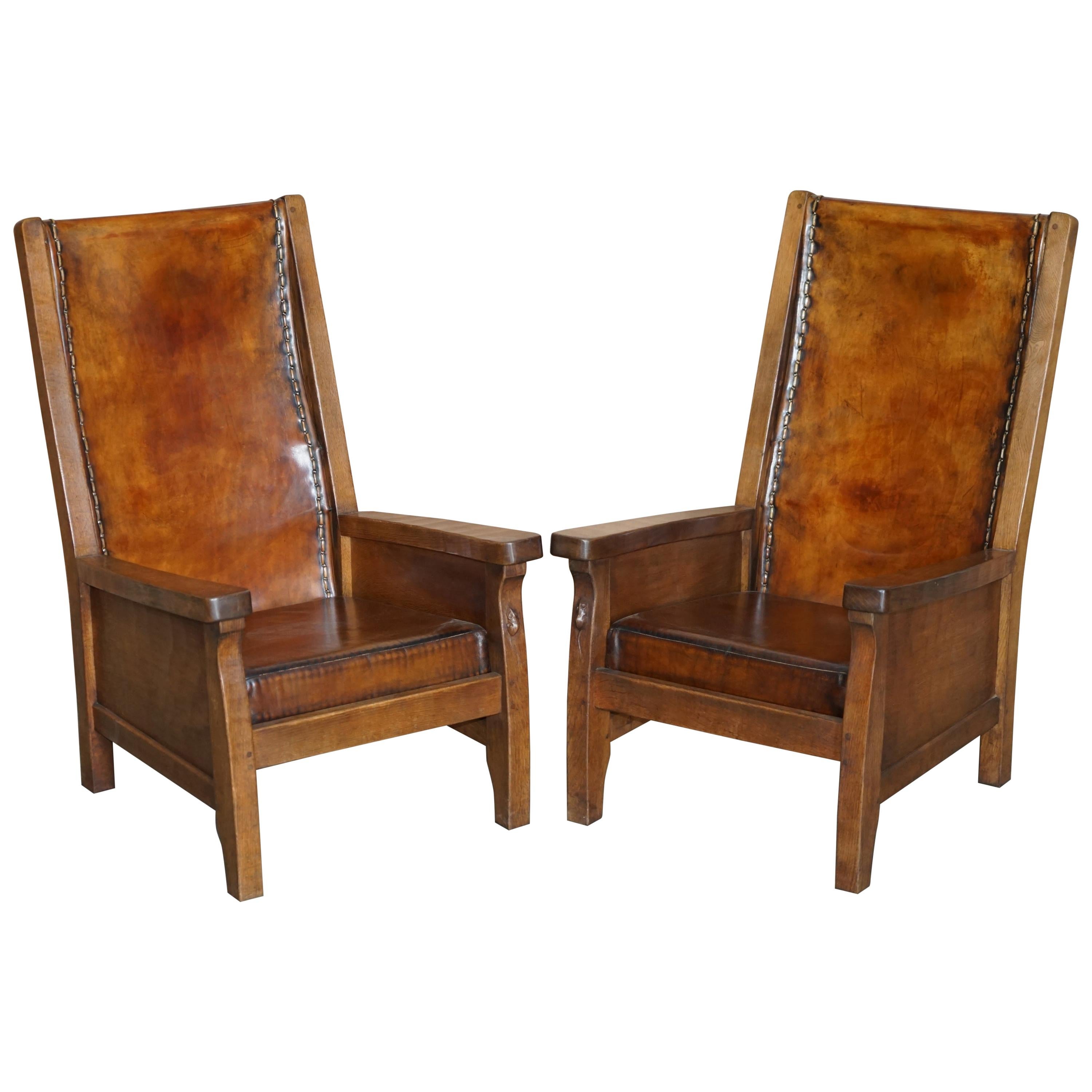 Pair of circa 1950's Hand Dyed Brown Leather Robert Mouseman Thompson Armchairs