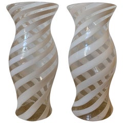 Pair of circa 1950s Italian Murano Art Frosted & Clear Spiral Stripe Hurricanes