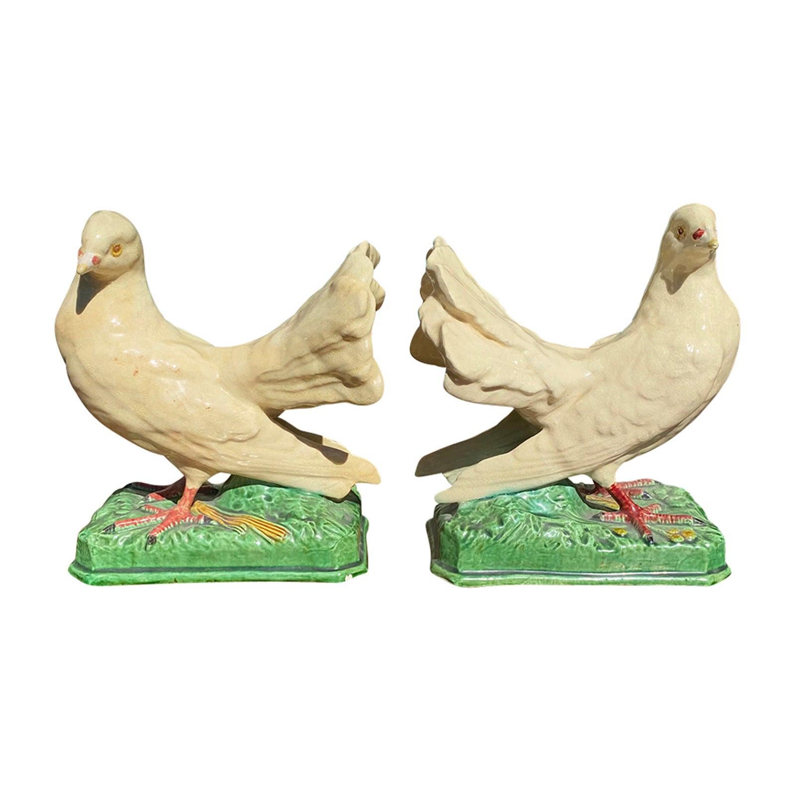 Pair of Circa 1960 Portuguese Faience Doves, Marked 'Made in Portugal'